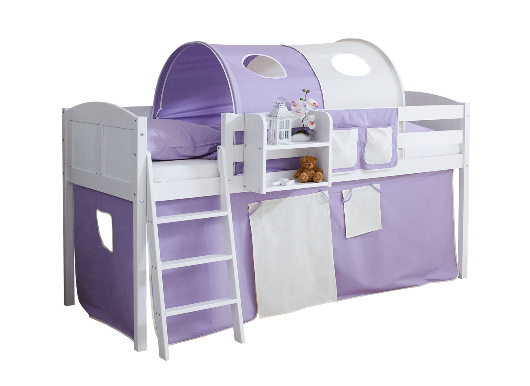 Ticaa Hochbett Hochbett "Eric" Country Kiefer Weiß Classic Weiß lackiert (Holzmaserung sichtbar)