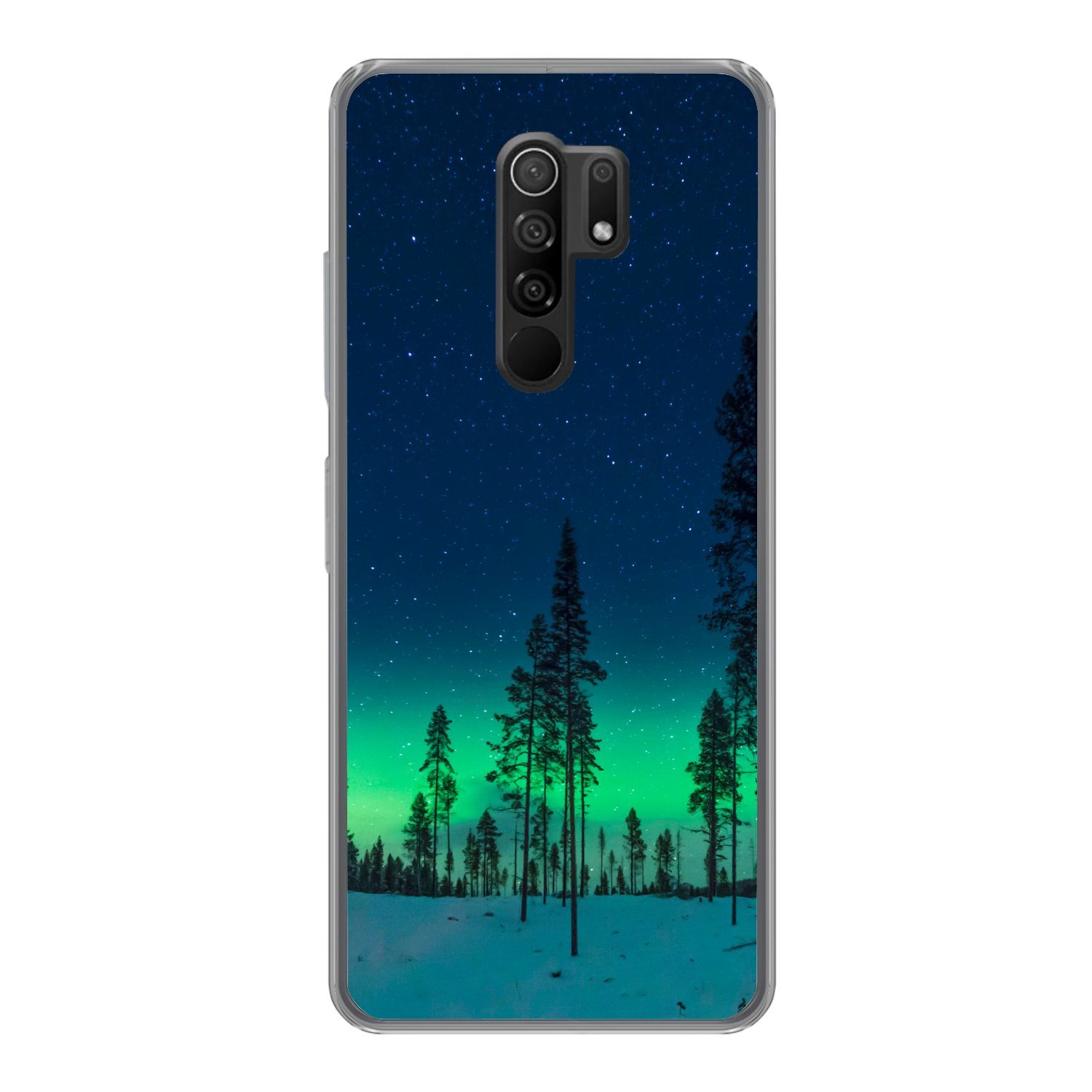 MuchoWow Handyhülle für Xiaomi Redmi 9 Nordlicht - Schnee - Bäume - Natur - Grün, Phone Case, Silikon, Schutzhülle Dünn