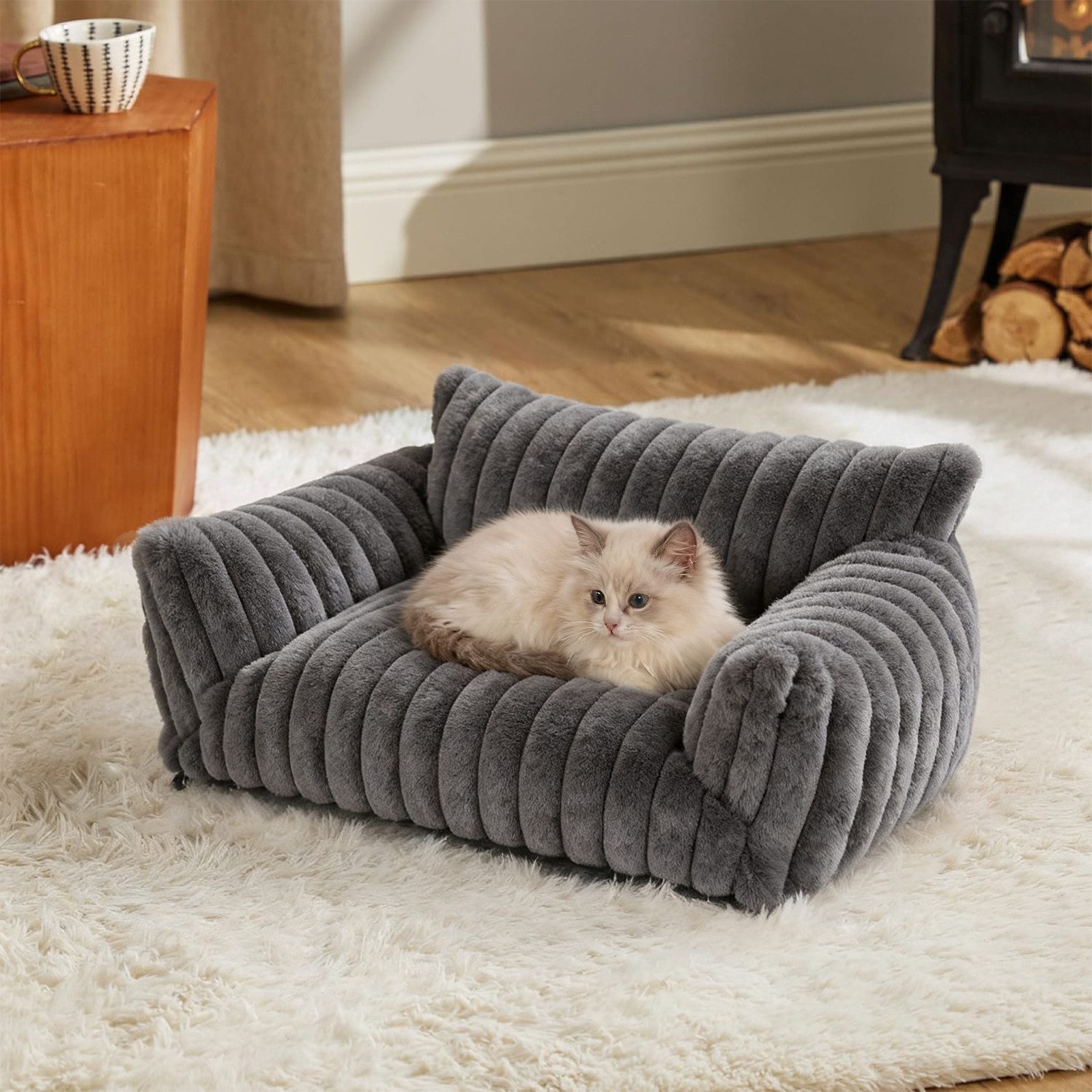 Elegear Tierbett Haustiersofa für Katzen & Hunde, 61/76 cm, Rutschfest, Weiß/Grau, Kaninchenfell & PP-Baumwolle, Rutschfeste Unterseite Maschinenwaschbar