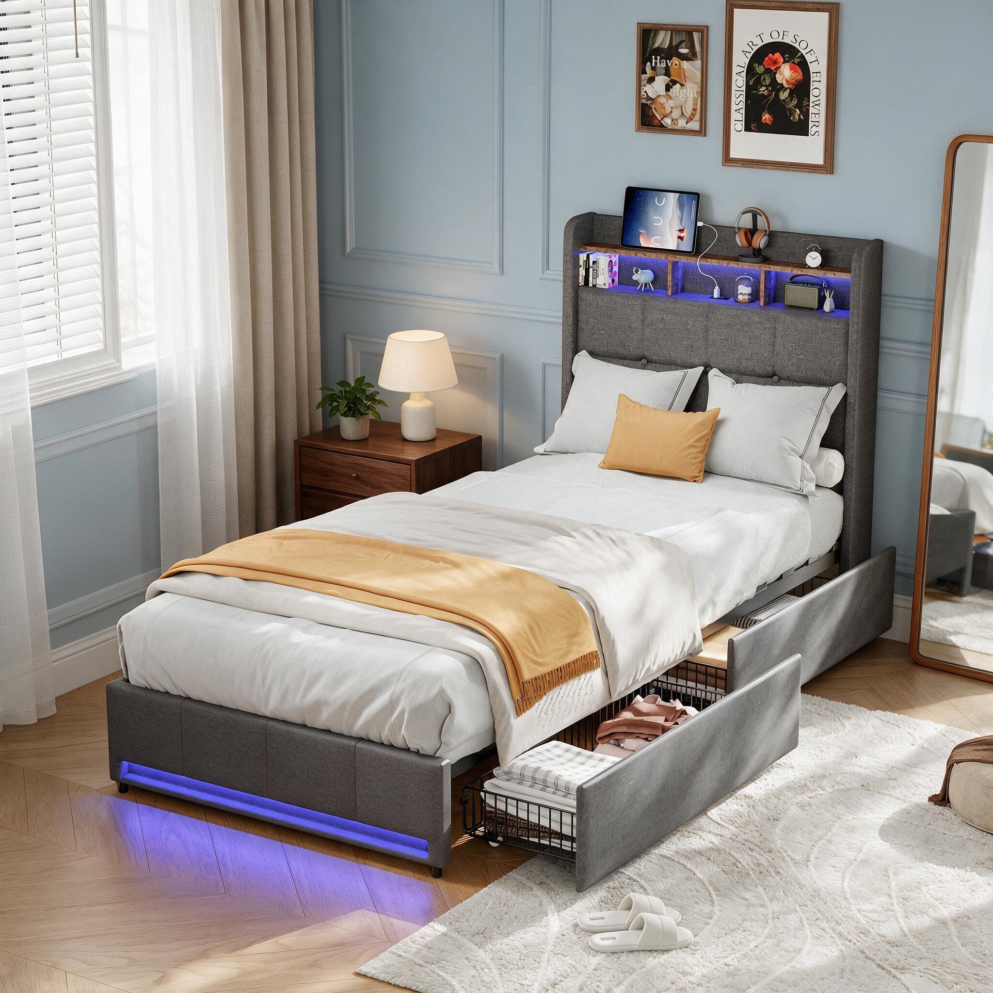 Simurq Einzelbett Polsterbett Einzelbett 90x200 cm mit 2 Schubladen, LED, USB, Leinen