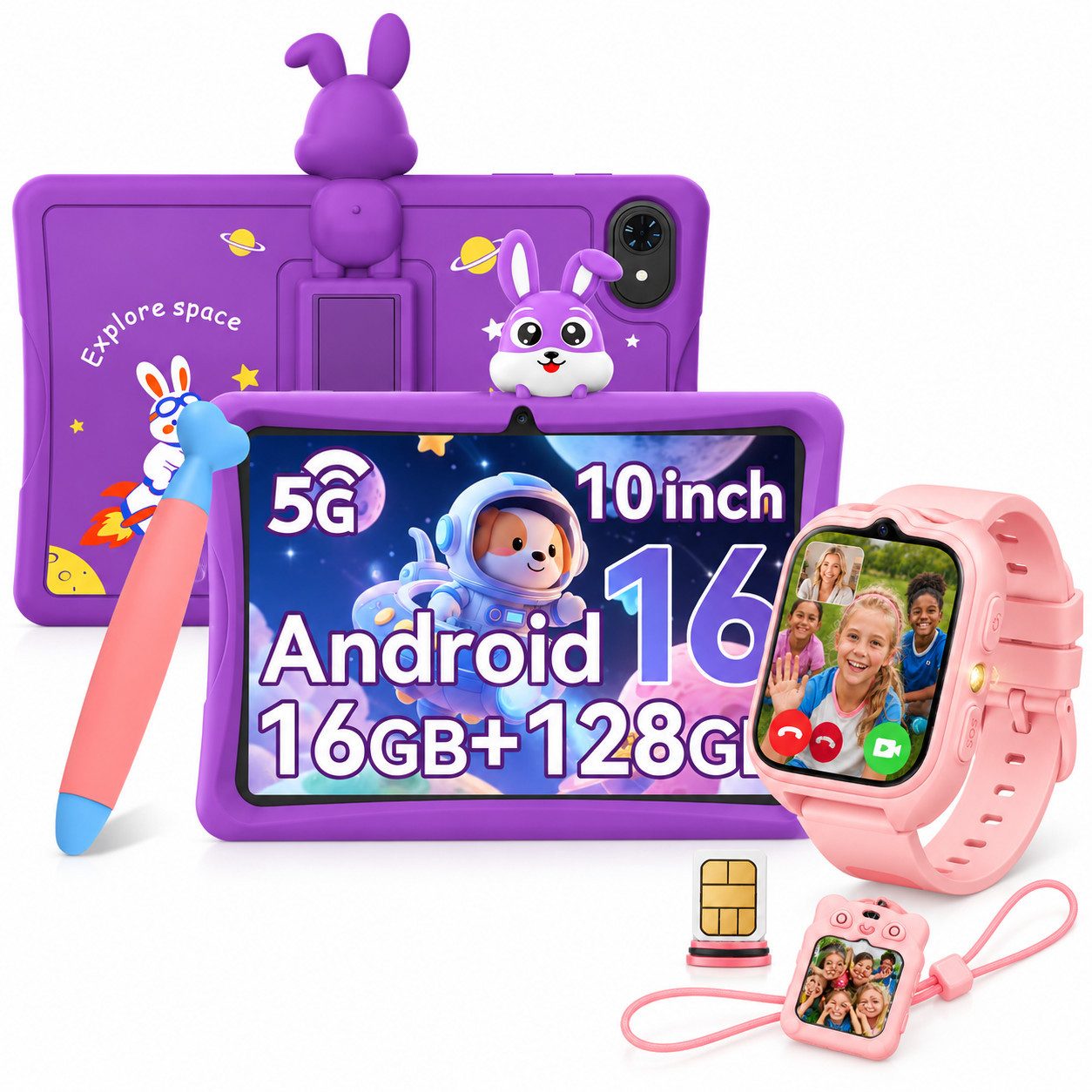 TABWEE 10" Android 16 Kindertablet 128 GB mit Stift Tablet (10", 128 GB, Android16, 5000mAh, stoßfeste Silikonhülle, Elternkontrolle, Google Kids Space)
