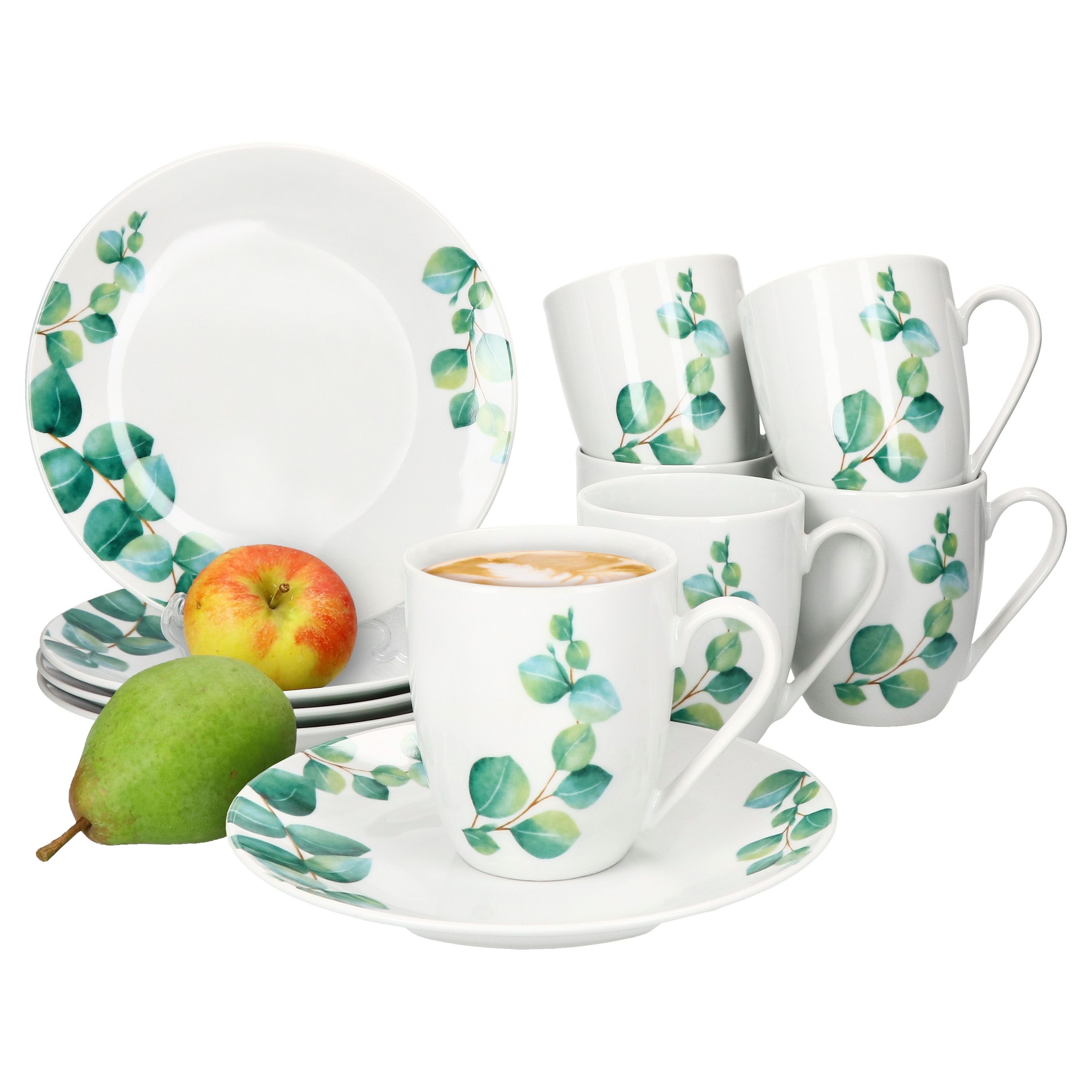 Frühstücks-Geschirrset Eukalyptus 12tlg Frühstücksset Porzellan 6 Personen kleine Teller