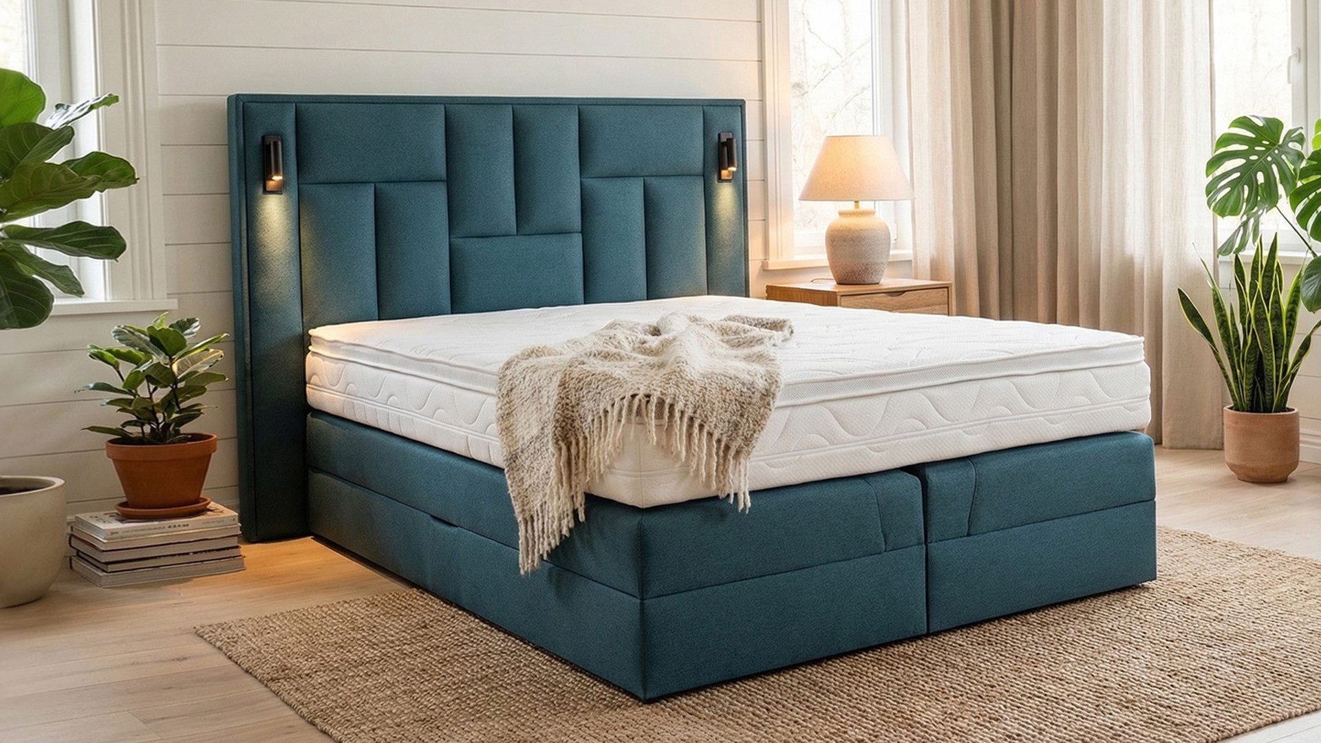 PAARA Boxspringbett mit LED Beleuchtung und Stauraum inkl. Matratze und Topper, mit innovativem Belüftungssystem