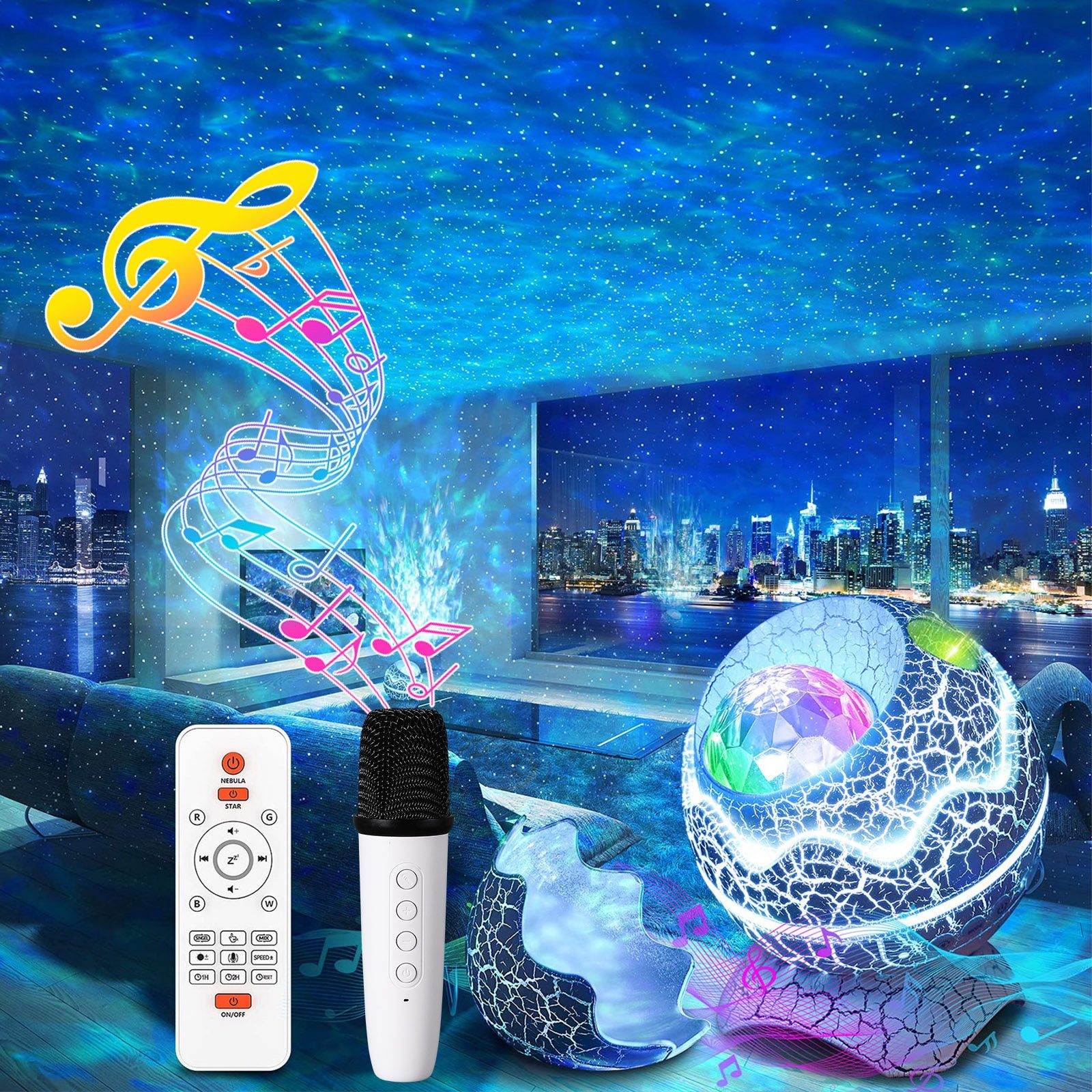 Lapalife LED-Sternenhimmel Nachttischlampe Projektor, 16 Farben Nachtlichter, Timer, Fernbedienun, LED fest integriert, Bluetooth-Lautsprecher mit Mikrofonen, fürs Spielzimmer Raumdekoration