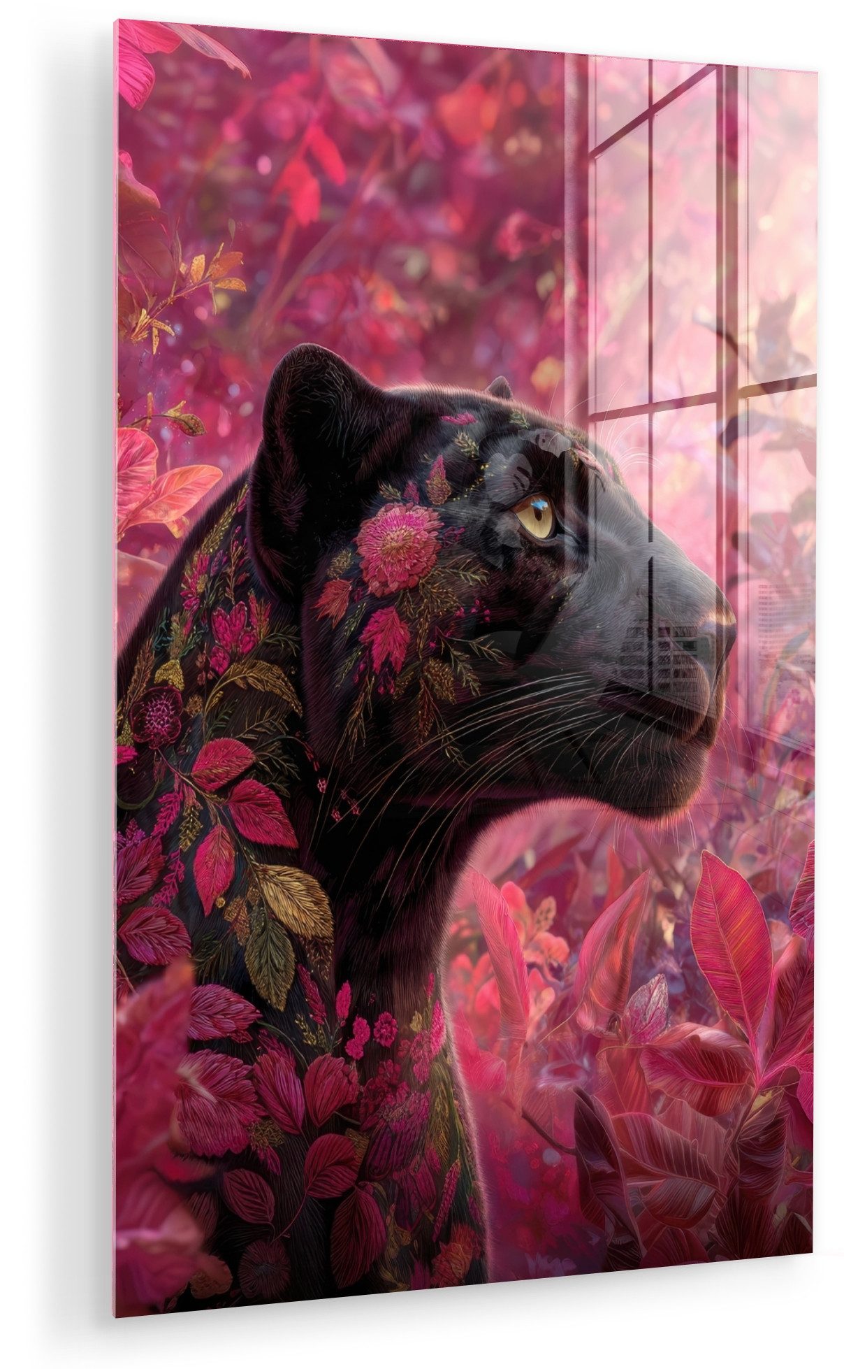 MuchoWow Acrylglasbild Leopard - Blumen - Rosa, Inkl. Aufhängung, Dekorative Bild für Küche & Wohnzimmer auf Glas, 20x30 cm