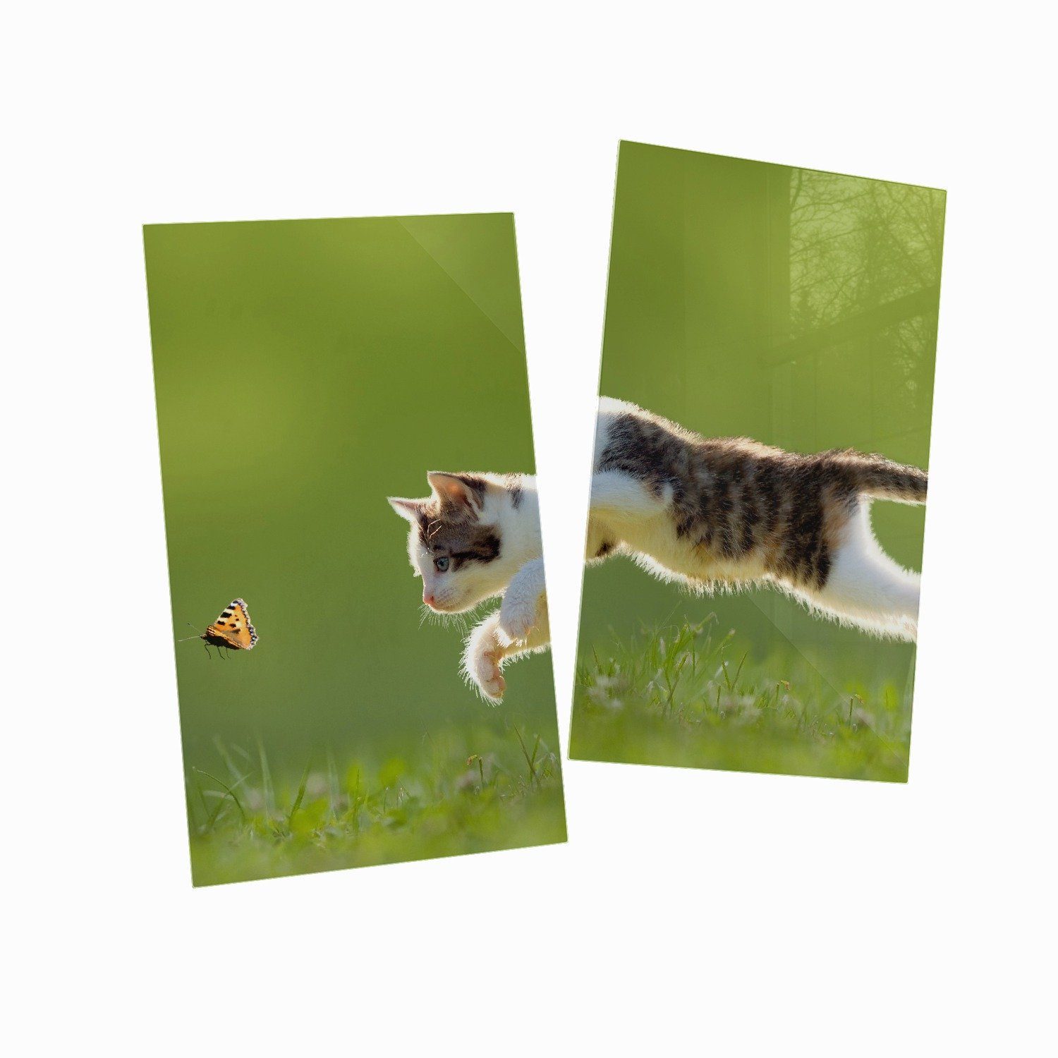 Grünen, im 5mm verschiedene ESG-Sicherheitsglas, Schmetterling Katze fängt Größen (Glasplatte, Wallario Noppen), Süße tlg., 2 inkl. Herd-Abdeckplatte