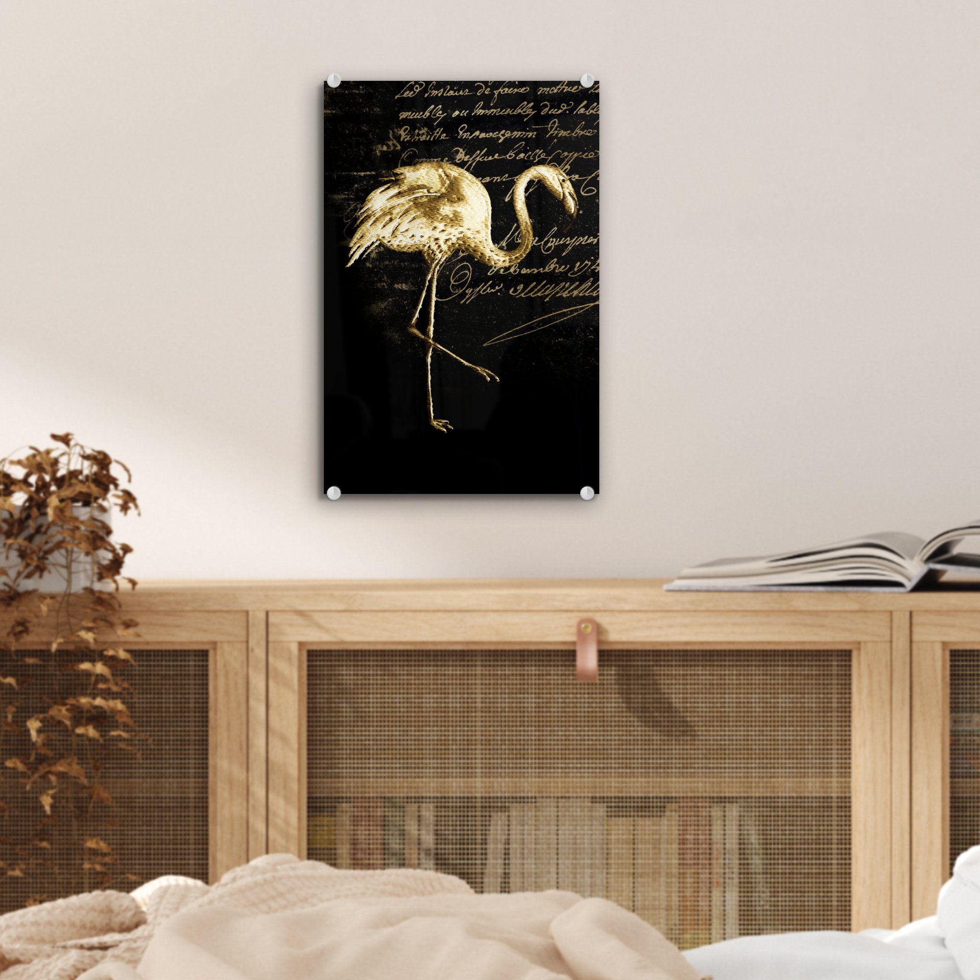 MuchoWow Acrylglasbild Flamingo Foto Wandbild - auf Glas - Illustration - Glas St), Gold, Wanddekoration auf (1 - Glasbilder bunt - Bilder