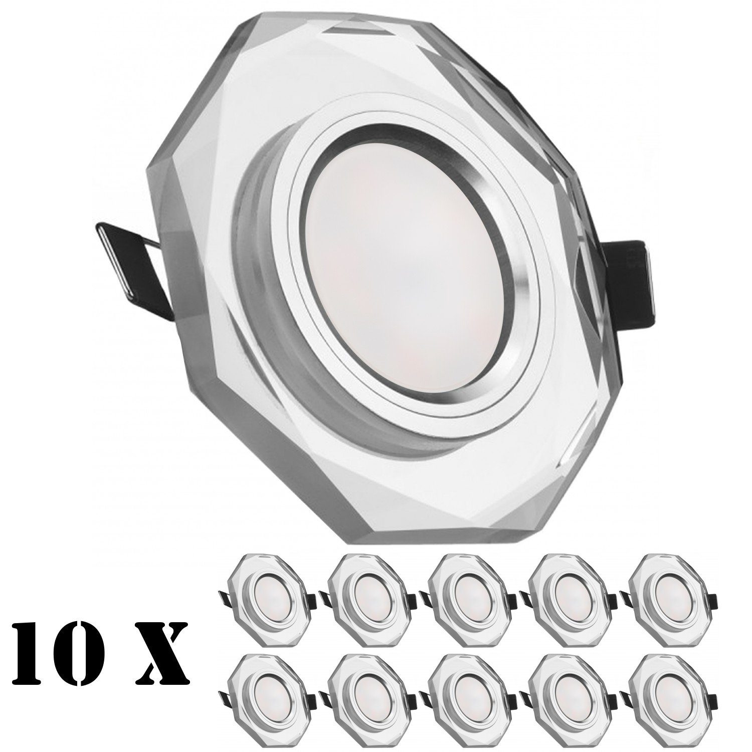 LEDANDO LED Einbaustrahler 10er LED Einbaustrahler Set extra flach in Glas / Kristall mit 5W Leuc