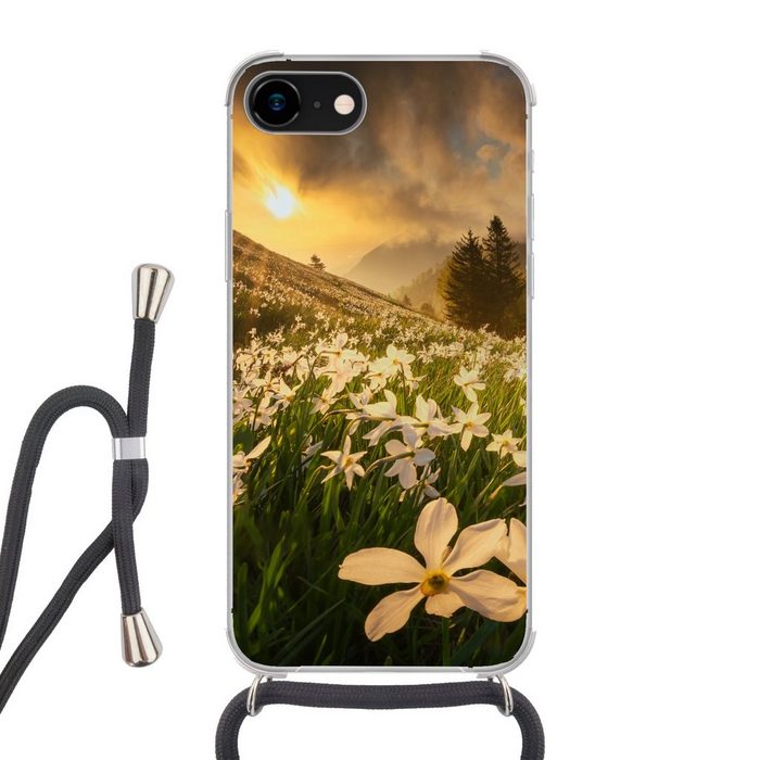MuchoWow Handyhülle Blumenfeld - Hügel - Sonnenuntergang - Berg - Natur - Weiß - Hügel Handyhülle Telefonhülle Apple iPhone 8