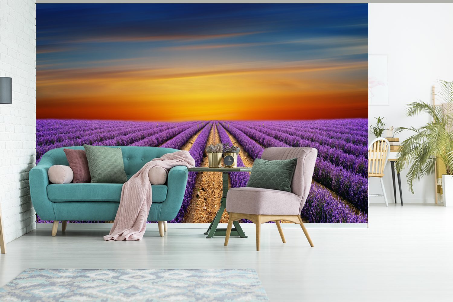 MuchoWow Fototapete Ein großes bedruckt, Vinyl Lavendelfeld Tapete Kinderzimmer, farbenfrohen Wallpaper Wohnzimmer, mit St), (6 Schlafzimmer, Himmel, Matt, einem für