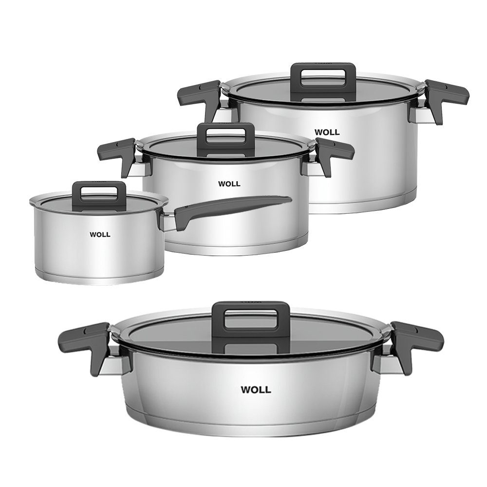 WOLL MADE IN GERMANY Topf-Set Woll Concept 4tlg. Topfset, Induktion, Edelstahl 18/10 (Set, 4-tlg., Kochtopf Ø 20cm + Ø 24cm + Stieltopf Ø 18cm + Bratentopf Ø 28cm), Induktionsgeeignet