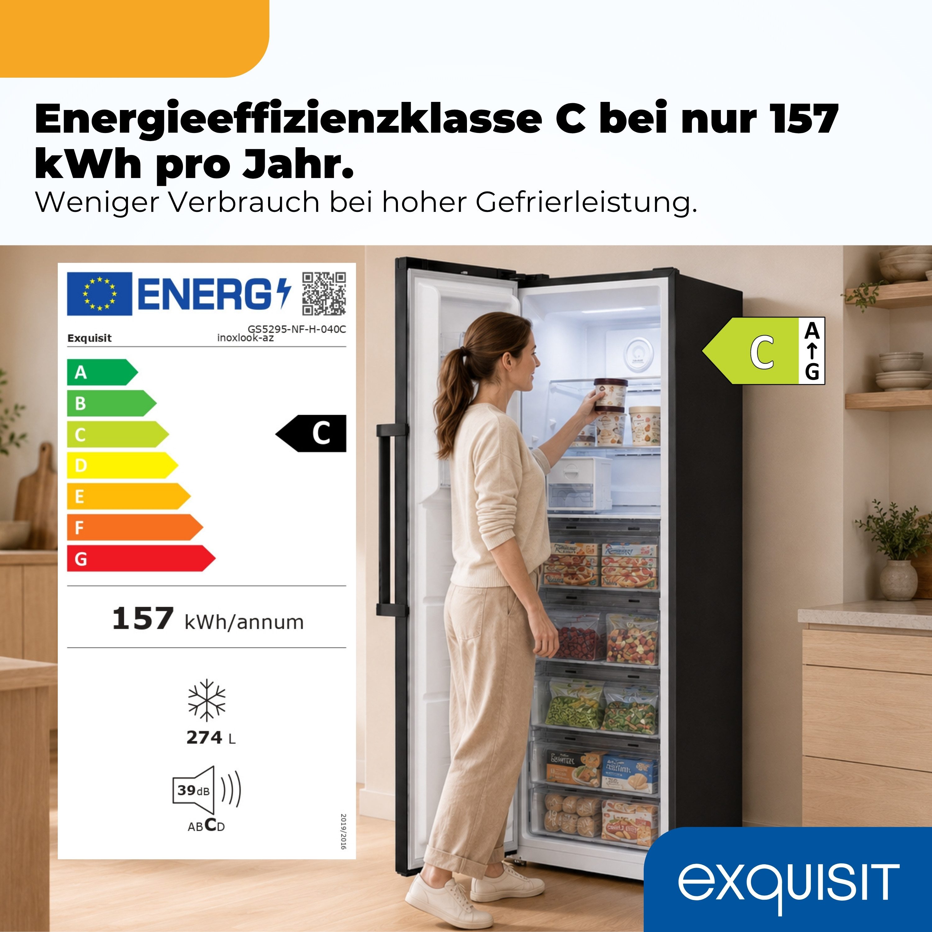 exquisit Gefrierschrank GS5295-NF-H-040C, 185 cm hoch, 60 cm breit, 274 l Nutzinhalt, 17,0 kg, 3 Gefrierschubladen, Energieklasse C – Bild 2 von 5