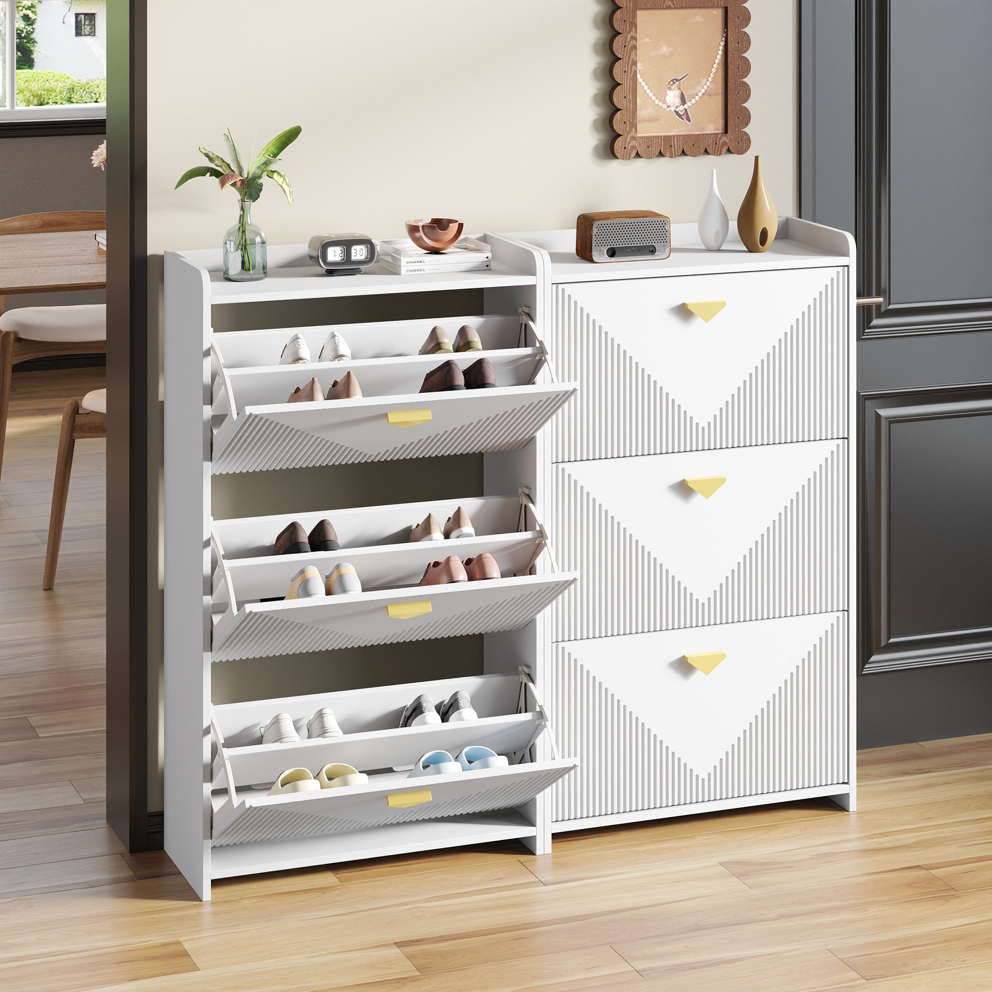MODFU Schuhschrank als schlankes Sideboard im Wohnzimmer einsetzbar, Vakuumformdesign (Sideboard, Wohnzimmerschrank, 2-St., MDF, nur 30 cm Tiefe) In Weiß, mit 6 Klapptüren, 12 Schuhfächern.(2-tlg)