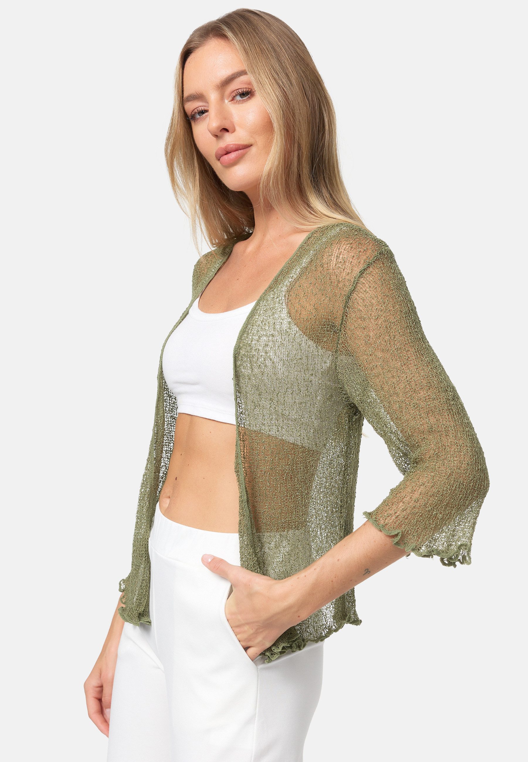 Rayshyne Bolero Bolero Cardigan Transparent Feminin Festlich (leichter Damen Sommerlicher Bolero Strickjacke festlich mit 3/4 Arm)