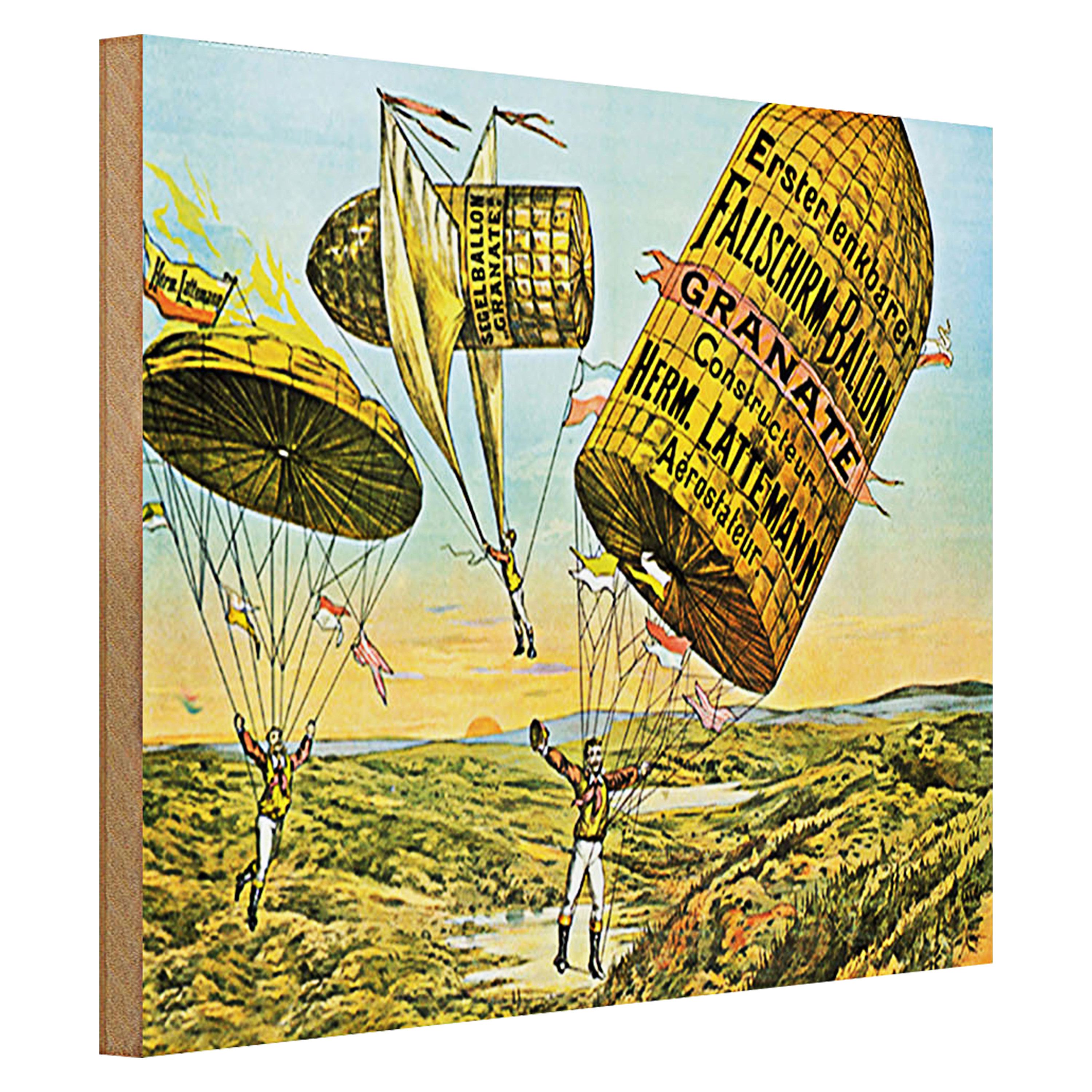 Roomando Holzbild Retro 40x30cm Fallschirm erste lenkbarer Ballon