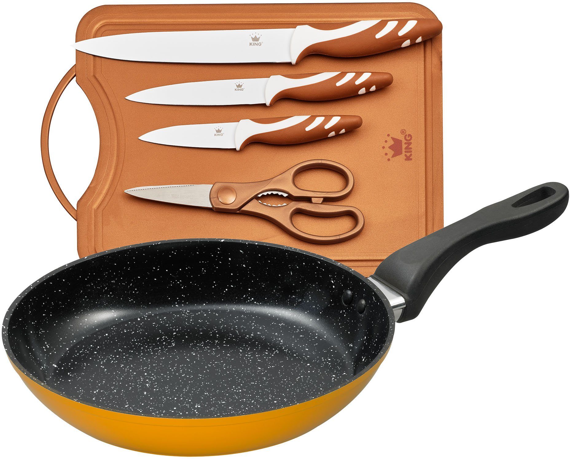 KING Bratpfanne, Aluminium (Set, 6-tlg., 1 Pfanne, 3 Messer, 1 Schere, 1  Schneidebtrett), Ø 28 cm, formstabiler Thermoboden, Induktion,  Keramikbeschichtung online kaufen | OTTO