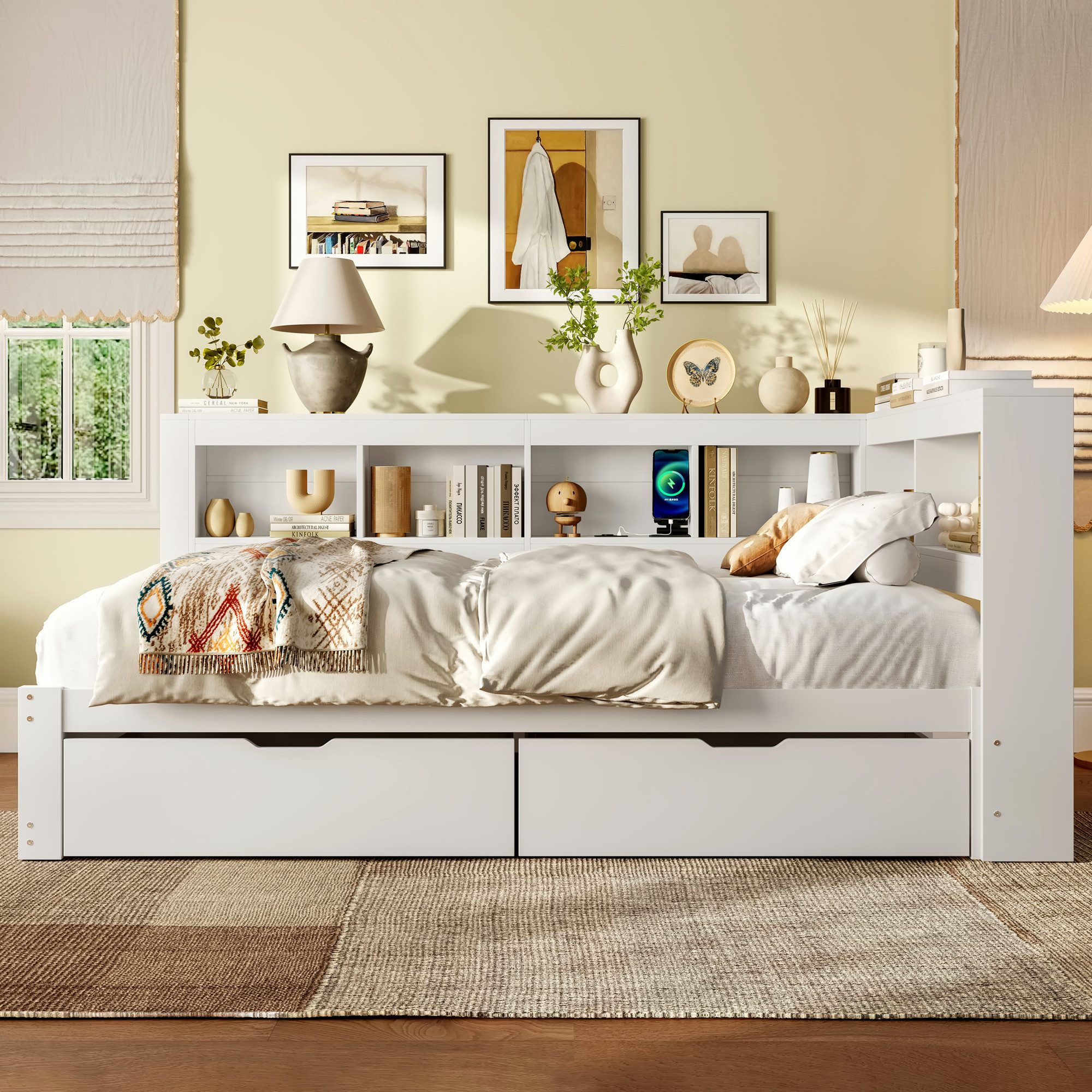 Merax Daybett mit Steckdose und 2 USB-Anschlüssen (Kiefer Sofabett Kinderbett Jugendbett, 1 tlg), Schlafsofa Tagesbett 140x200cm mit 2 Schubladen, Regale und St – Bild 2 von 5