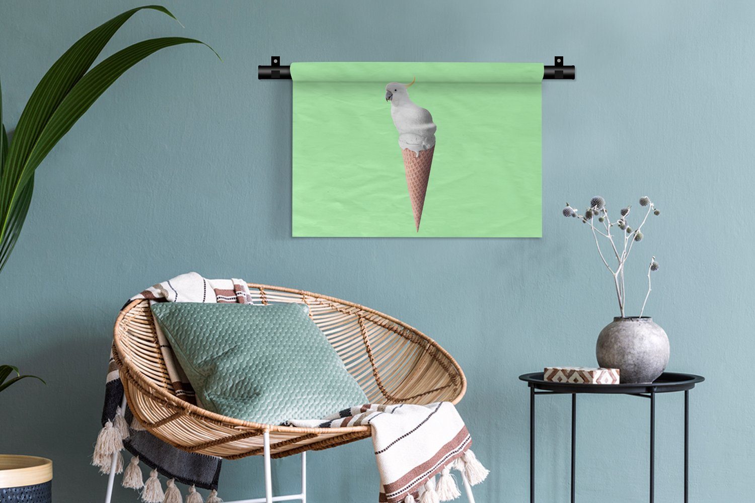 Weiß MuchoWow - Papagei Kinderzimmer Wohnzimmer, - Wandbehang, Wanddekoobjekt Kleid, - Wanddeko Eistüten Grün, für Schlafzimmer, Eiscreme -