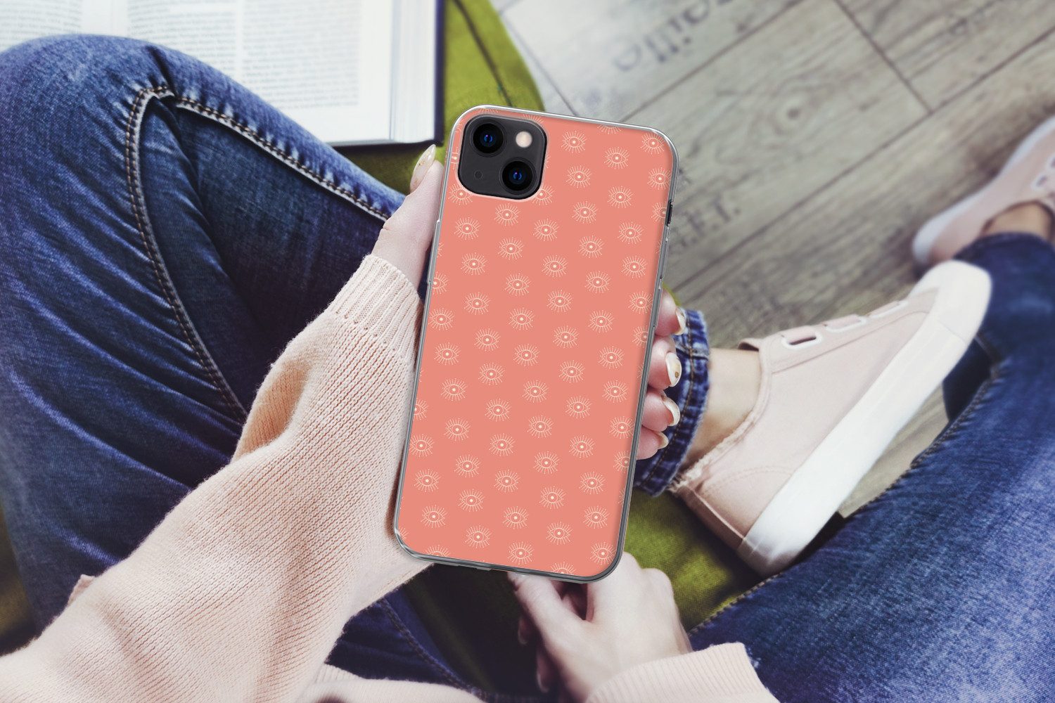 MuchoWow Handyhülle für Apple iPhone 13 mini Boho - Druck - Rosa - Weiß - Augen, Smartphone-Bumper, Print, Handy Schutzhülle Dünn