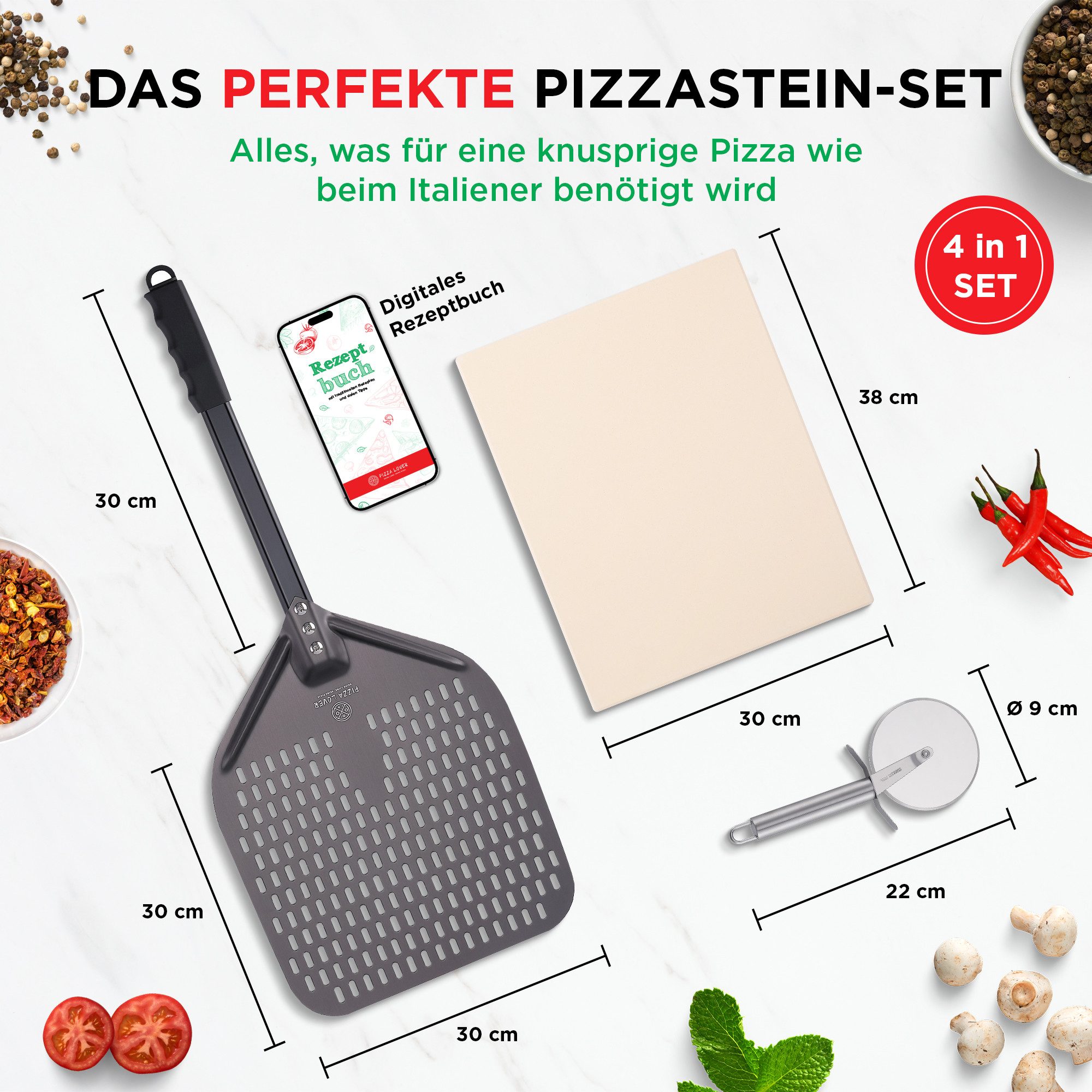 Pizza Lover Pizzastein Pizzastein-Set - Pizzaschieber + 30x38cm Backstein + Roller, (4in1, Pizzastein aus Cordierit, harteloxierte Pizzaschaufel, Pizzaroller), 4in1 Pizzastein-Set mit Pizzaheber