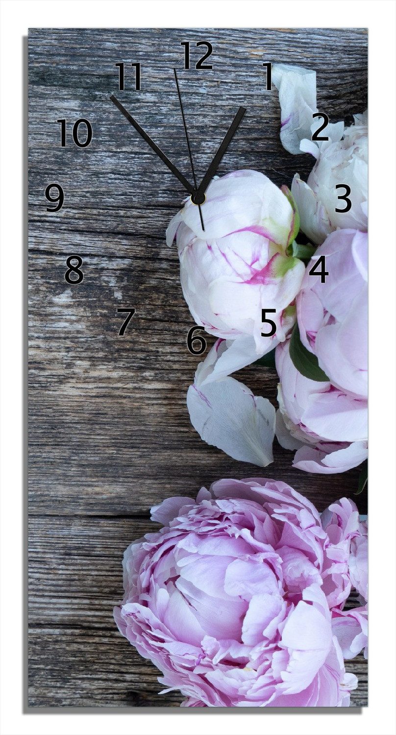 Wallario Wanduhr Pinke Blumen auf Holz (Uhr aus Acryl)