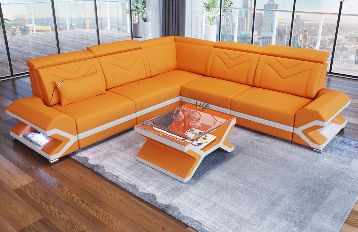 Apricot-Weiss Polstersofa ausziehbare Stoffsofa C87 L LED, Couch Dreams Sofa mit Stoff Bettfunktion, Ecksofa Sorrento Designersofa Form,