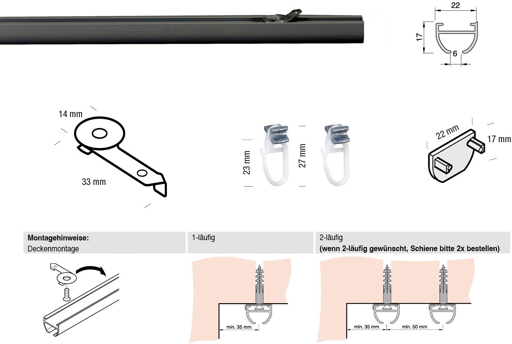 GARESA Gardinenschiene 400, 1-läufig, Wunschmaßlänge, mit Bohren, verschraubt, Aluminium, Kunststoff, Aluminiumschiene, schlicht, Deckenmontage, verlängerbar
