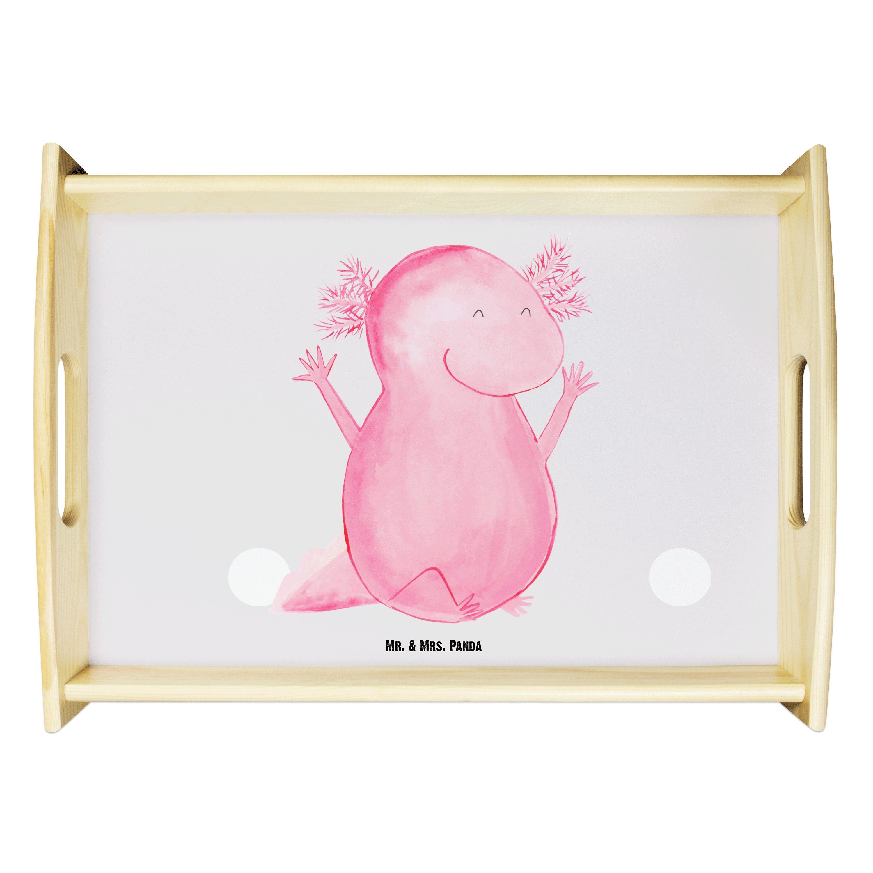 Mr. & Mrs. Panda Tablett Axolotl Hurra - Grau Pastell - Geschenk, fröhlich, Zufriedenheit, Mot, Echtholz lasiert, (1-tlg)