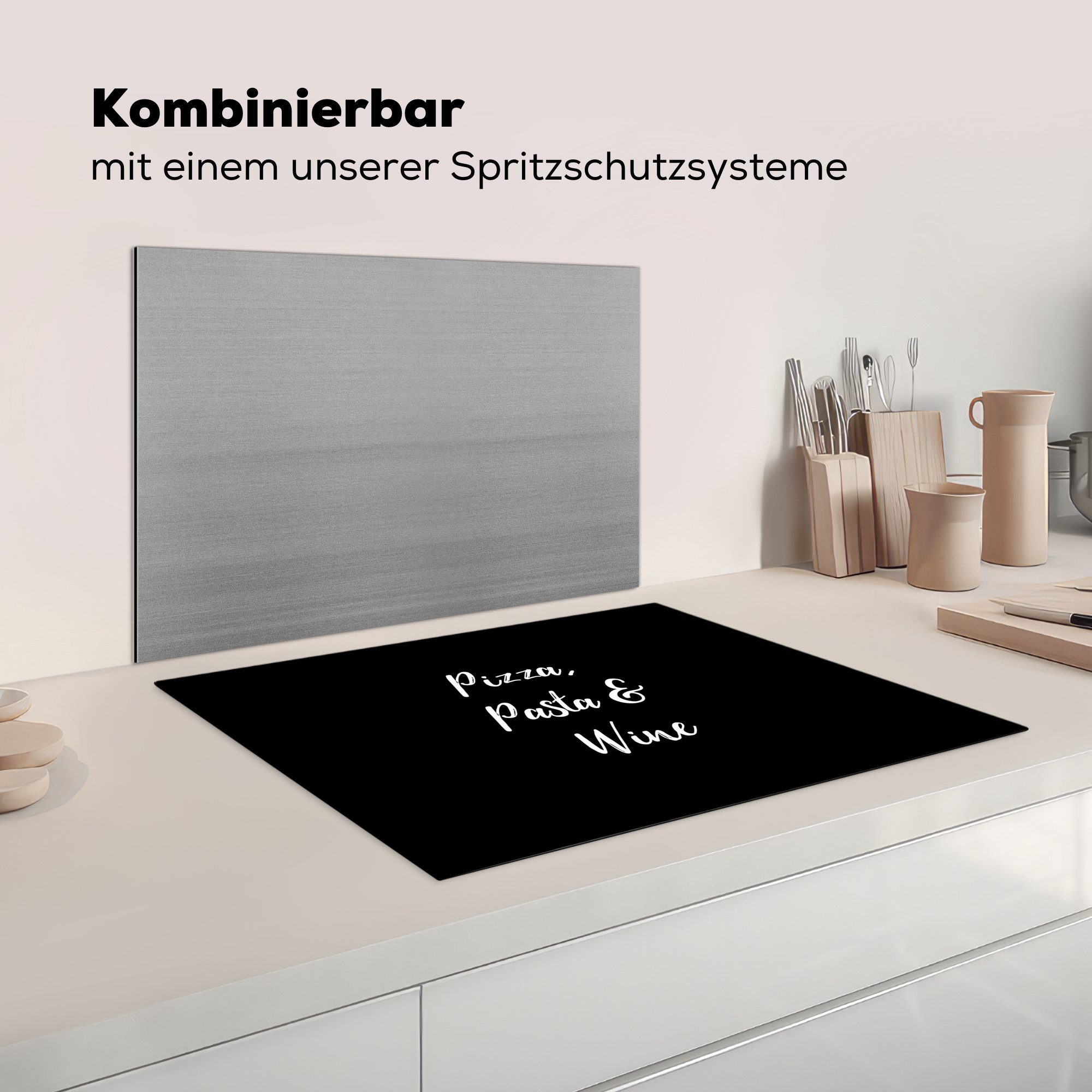 Vinyl, Trinken - Sprichwörter, Wein Pizza, cm, Pasta Mobile Essen MuchoWow (1 tlg), Herdblende-/Abdeckplatte 70x52 Zitate nutzbar, - - Arbeitsfläche & Ceranfeldabdeckung -