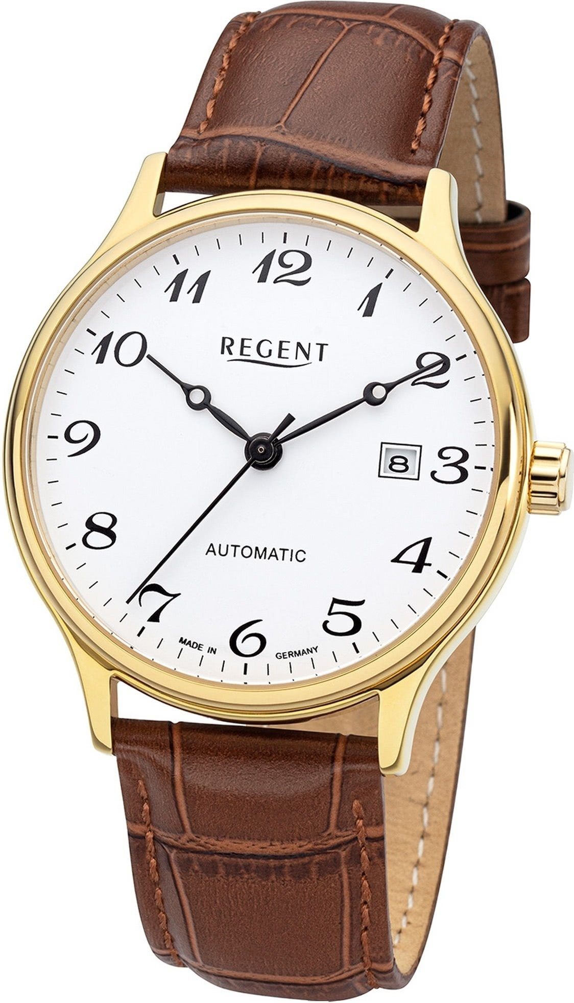 Regent Quarzuhr Regent Herren Armbanduhr Analog, Herrenuhr Lederbandarmband braun, rundes Gehäuse, groß (ca. 40mm)