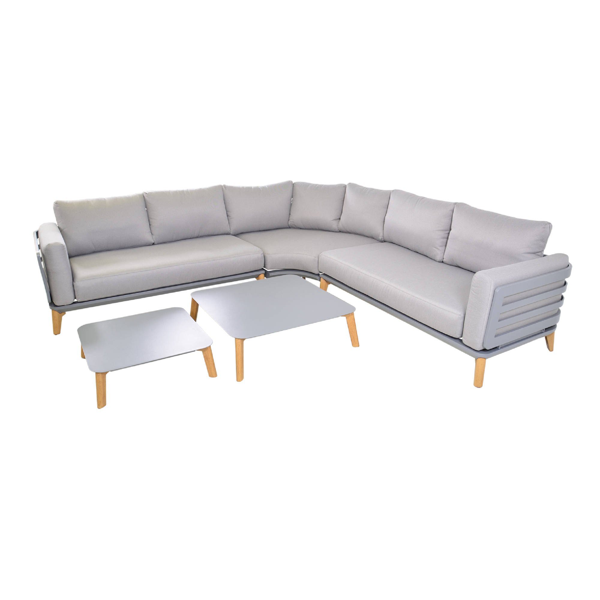 GMD Living Eckbankgruppe SPHERE, (Eckbank Loungeset, 5-tlg., bestehend aus 2 Sofas, 1 Eckteil & 2 Tischen inkl. Sitzpolster), rostfreies Aluminiumgestell in mattgrau