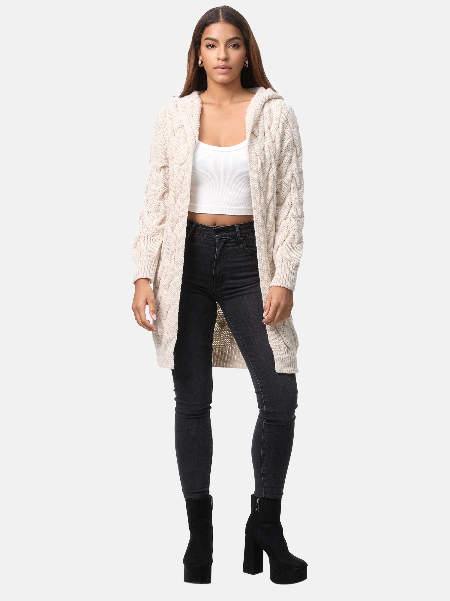 Damen Elara (1-tlg) mit Elara Cardigan Beige Kapuze Maxikleid