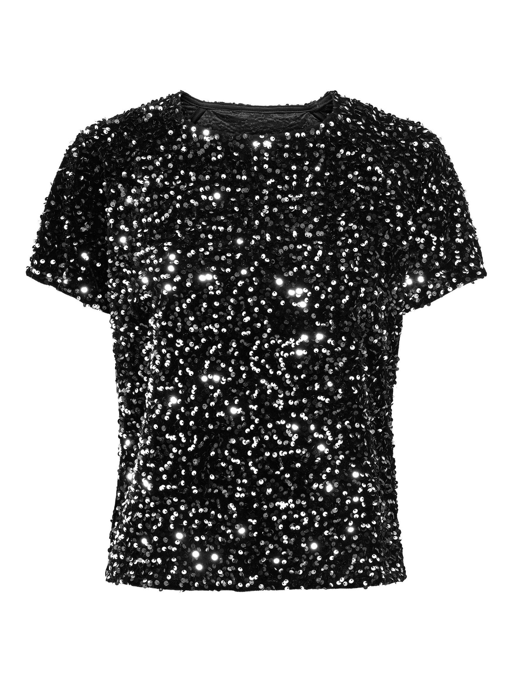 JACQUELINE de YONG Blusenshirt Glitzer Pailletten Bluse Kurzarm T-Shirt Elegant Party JDYSHIRLEY 6582 in Silber