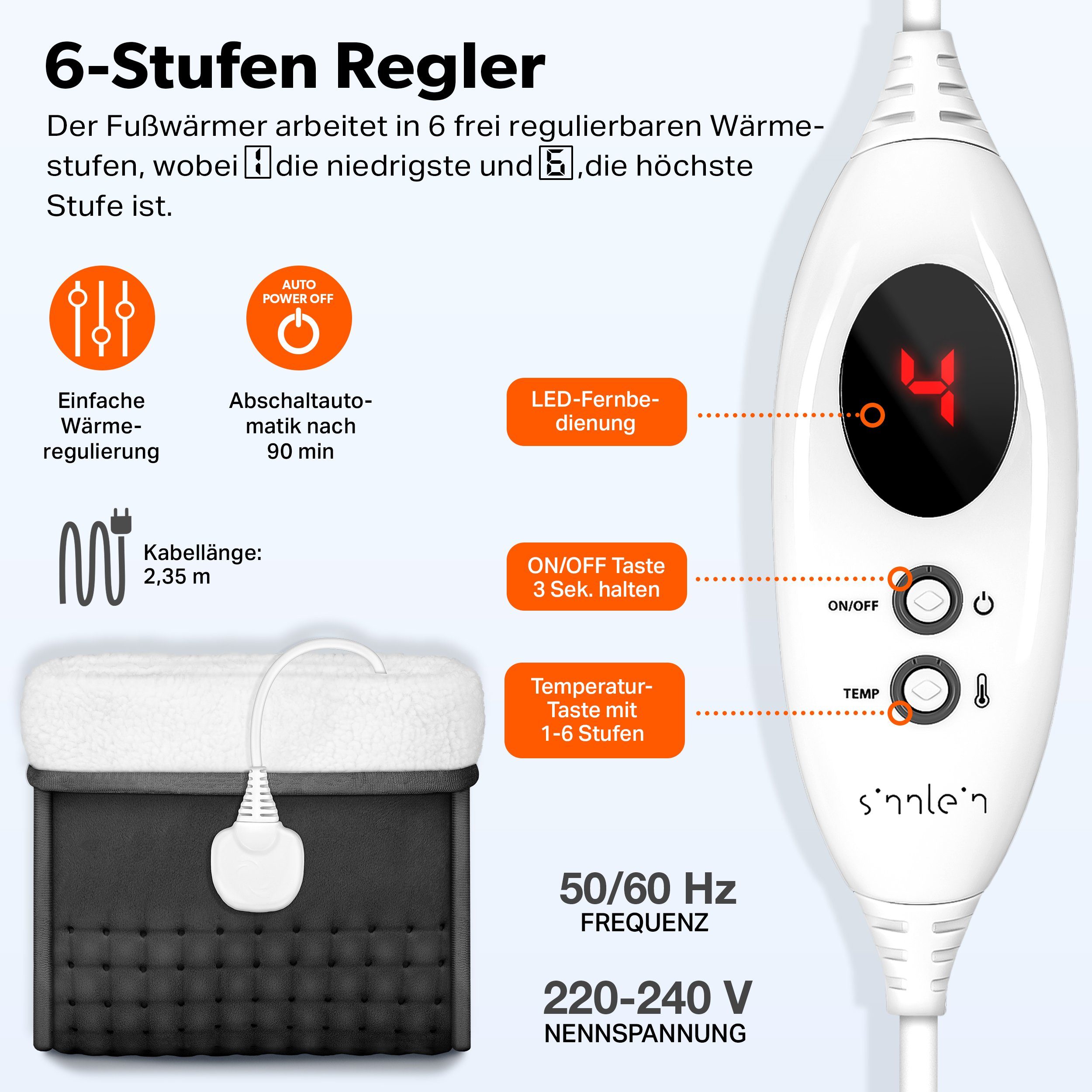 sinnlein Elektrofußwärmer Fußwärmer elektrisch Anthrazit Fußheizung elektronisch Fußsack, 6 Temperaturstufen & Timer, Überhitzungsschutz & Abschaltautomatik