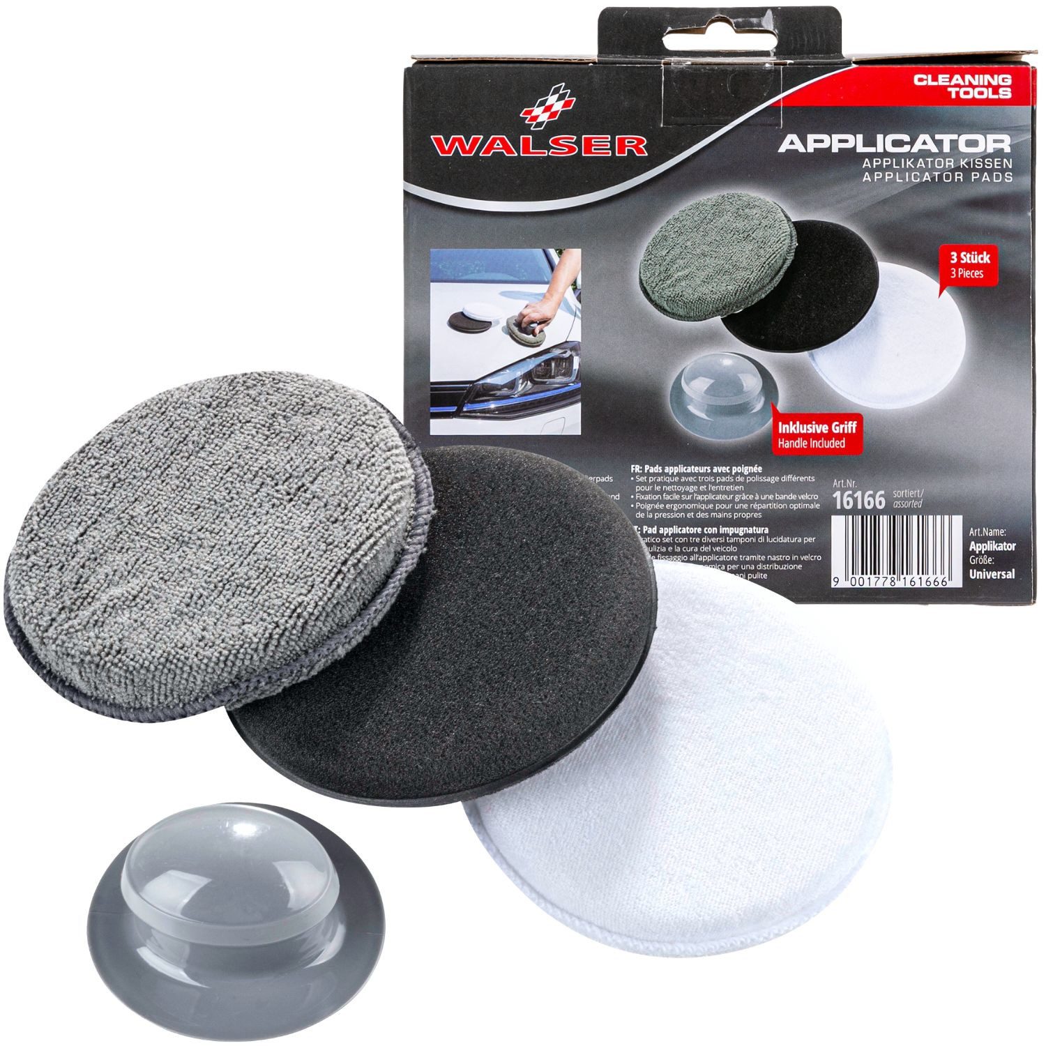 WALSER Polierpad Profi Set 3x Applikator Pads + Griff Mikrofaser, Auto Polierpad Schwamm Hand Pad Kissen Politur Wachs Reinigung Pflege