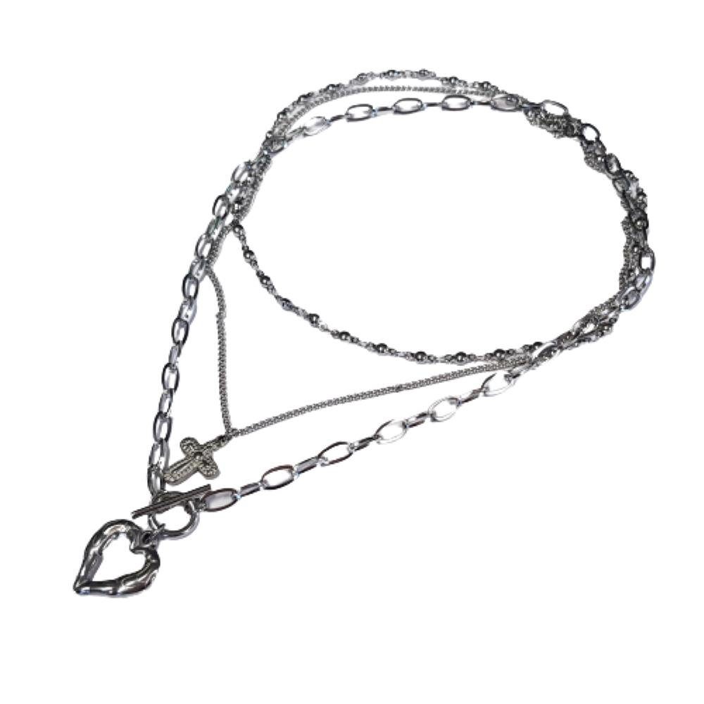 BUNGSA Ketten-Set Layerkette dreifach mit Halskette Herz Edelstahl Necklace (1-tlg), und Kreuz silber Damen aus