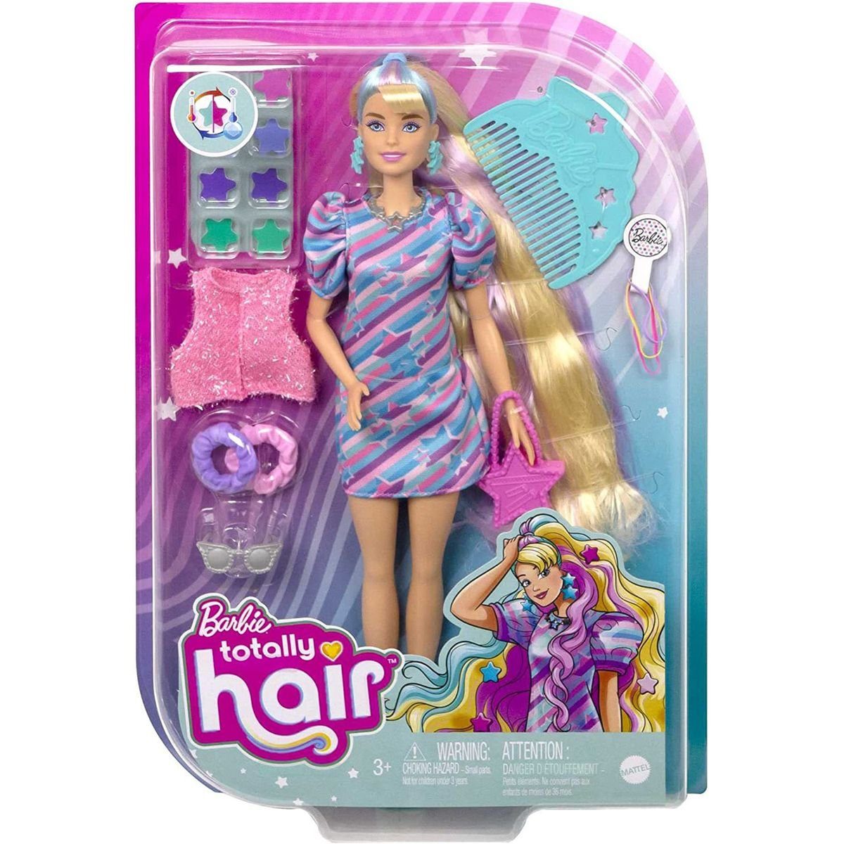 Mattel® Stehpuppe Mattel HCM88 - Barbie - Totally Hair - Puppe im Sternen-Print Kleid mit Zubehör