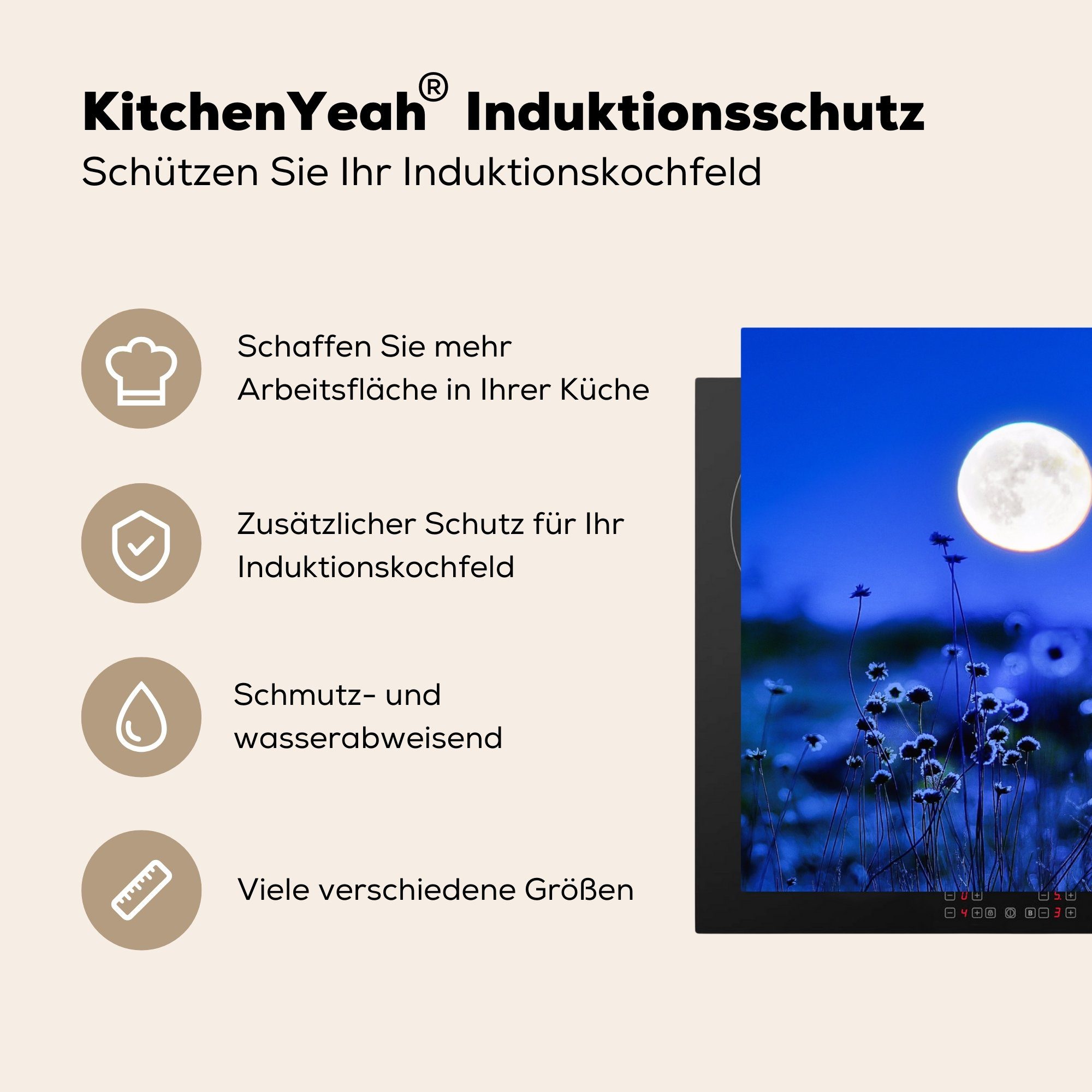 Mond Herdblende-/Abdeckplatte tlg), Vinyl, Blumen für Induktionskochfeld 81x52 Ceranfeldabdeckung cm, küche, Schutz - MuchoWow Lila, die (1 -