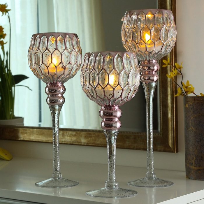 MARELIDA Kerzenhalter Kerzenhalter Kelch CORDOBA Glas Windlicht H: 30 5cm 34 5cm 40cm roségold 3er Set (3 St)