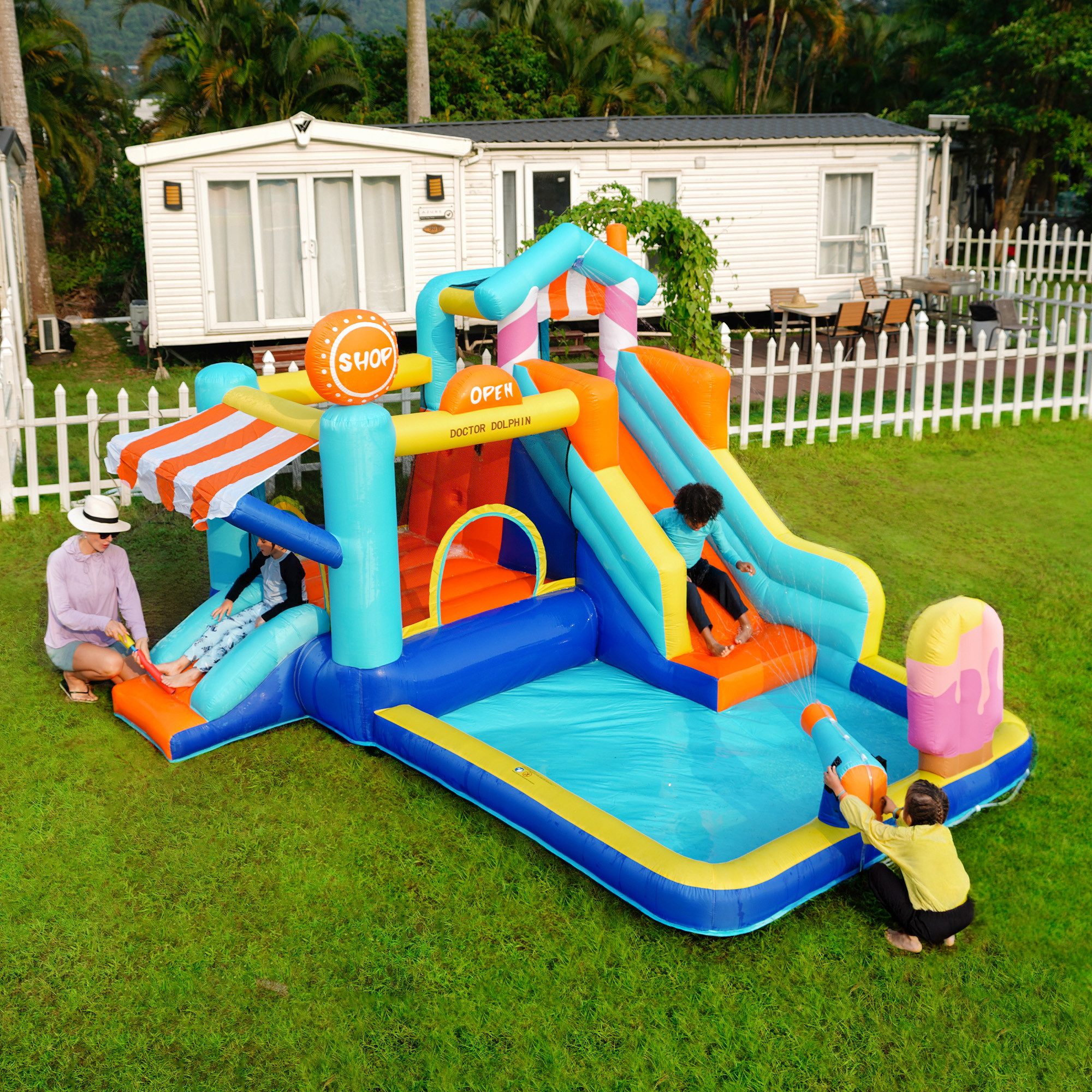 Flieks Hüpfburg, Aufblasbar Wasserpark Wasserspielcenter mit Gebläse 395x340x236cm