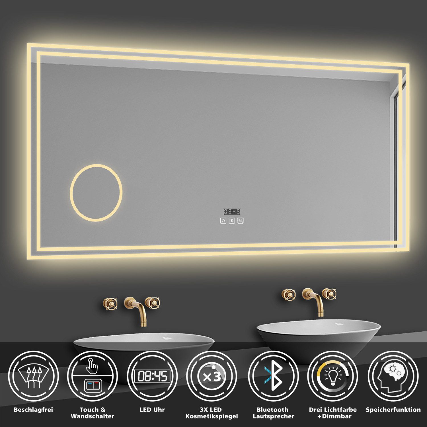duschspa Badspiegel 80-160cm mit LED, Uhr, Beschlagfrei, Schminkspiegel, Ka günstig online kaufen