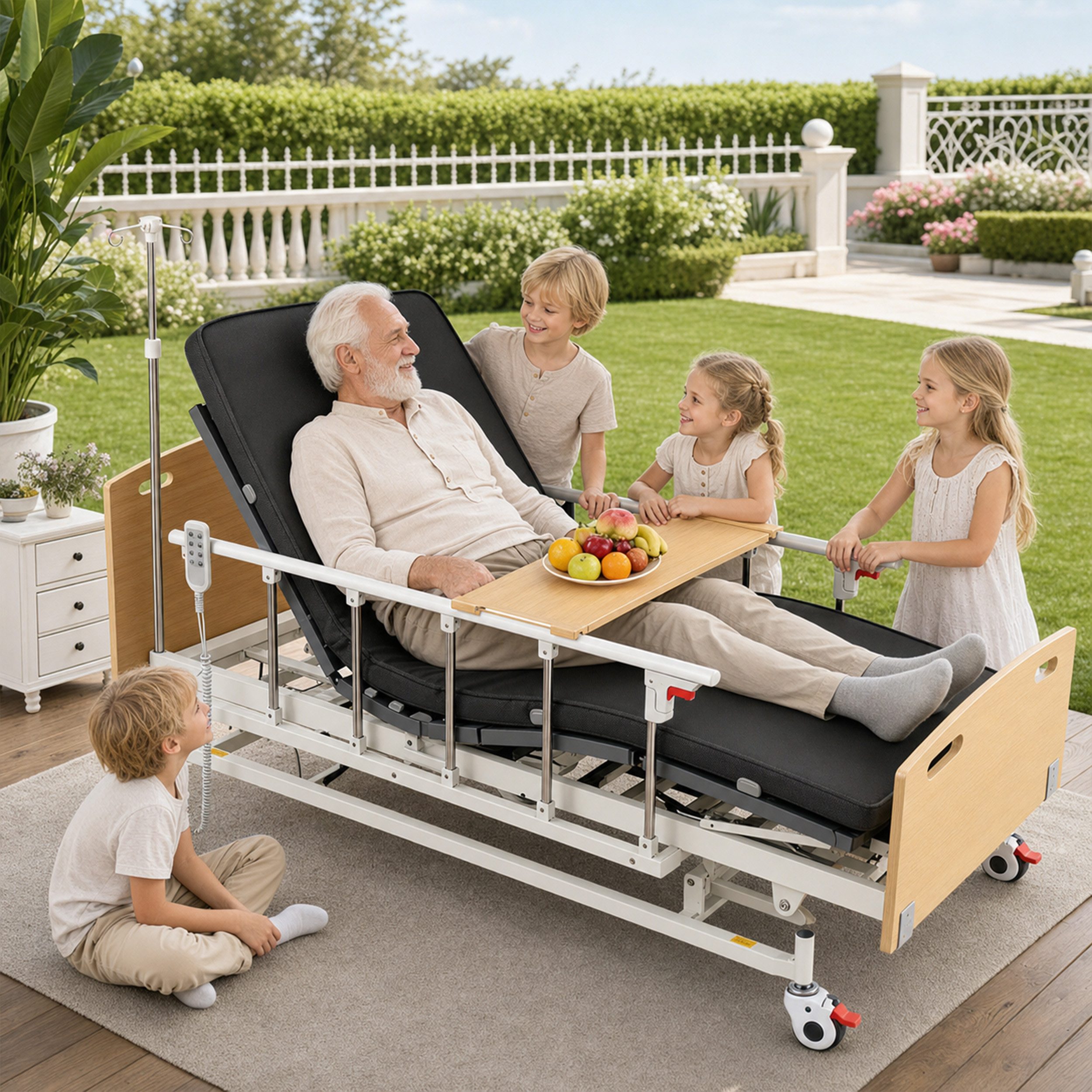 Vankel Bett Elektrisches Pflegebett mit 4 Funktionen, Matratze & max.205kg (Seitenschutz und Lattenrost inklusive, elektrisch verstellbar), mit Fernbedienung, Seitengittern, Tischplatte & Infusionsständer