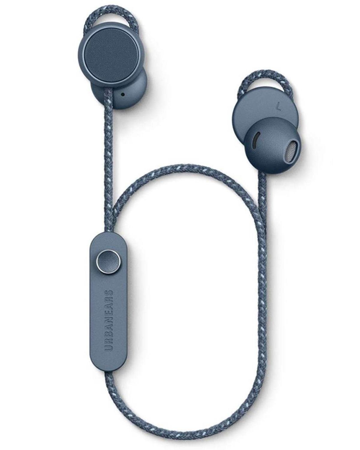 Urbanears Jakan Bluetooth In-Ear Headset Blau Headset (integriertes Mikrofon, Bluetooth, Anruffunktion 12 Stunden Akkulaufzeit Magnetische Ohrhörer Bedienknopf)