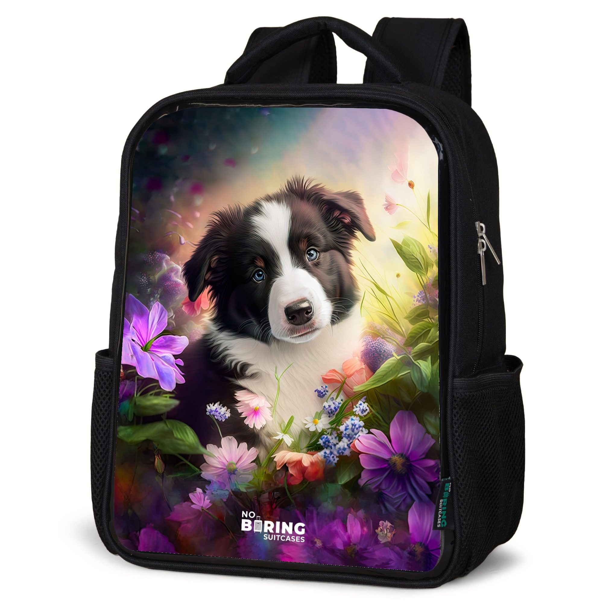 NoBoringSuitcases.com© Rucksack Blauäugiger Hund auf einem Feld, Kinderrucksack Schwarz, Schulrucksack, Freizeitrucksack Jungen Mädchen