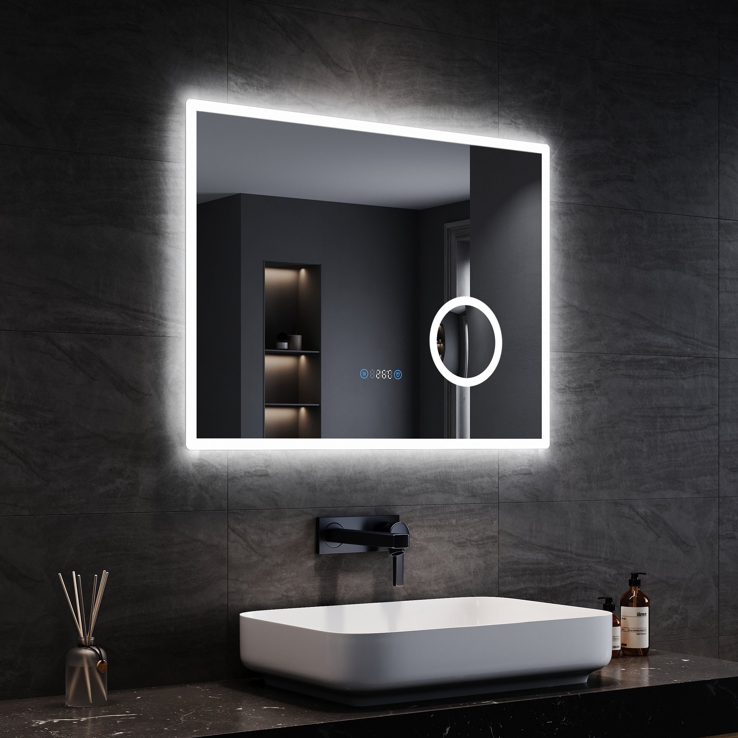 SONNI Badspiegel Badezimmerspiegel mit Vergrößerung,100/80cmx60cm, mit 3-facher LED