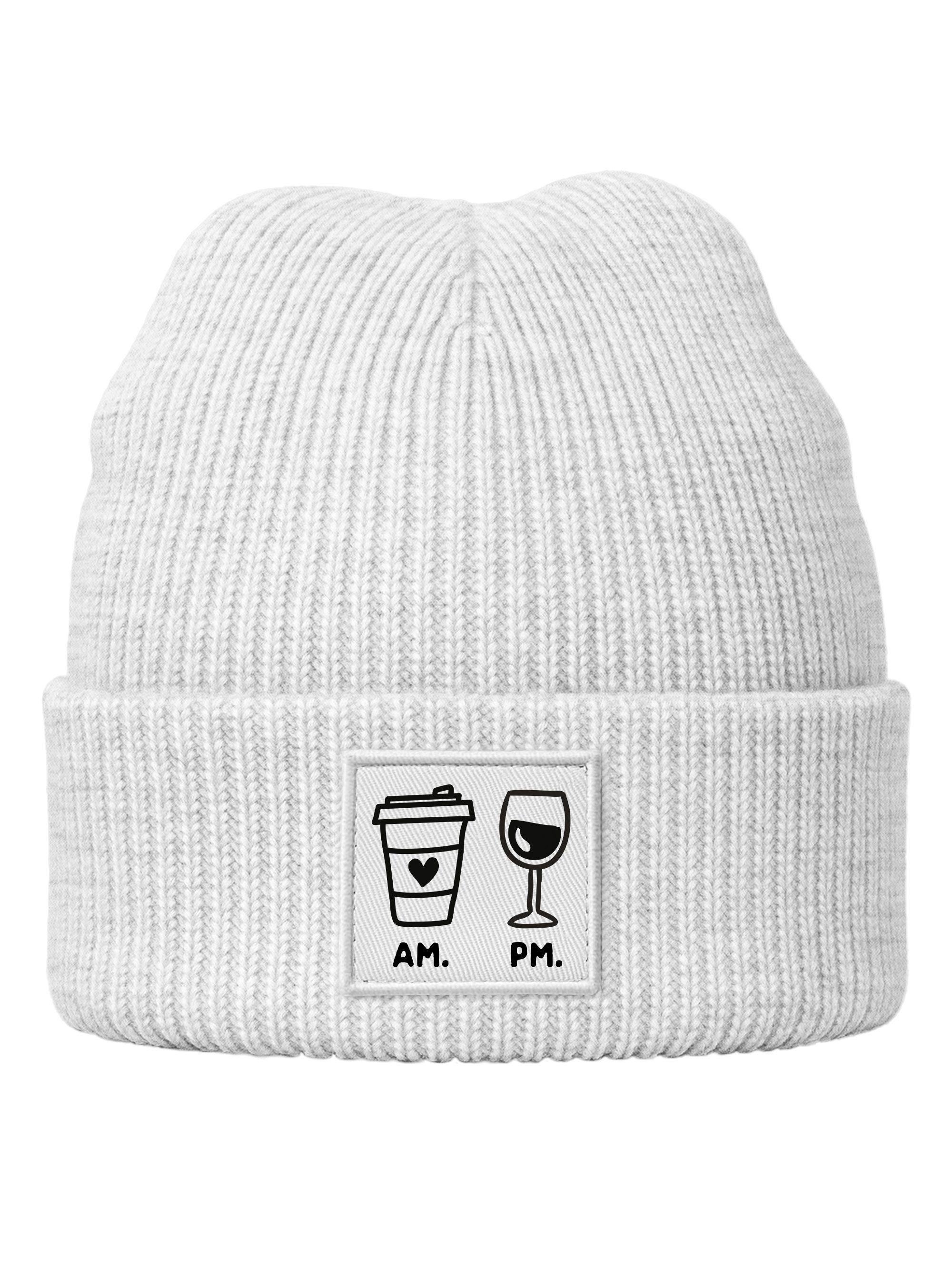 Strickmütze Damen Beanie Patch Coffe & Wine AM PM Aufdruck Print Wintermütze