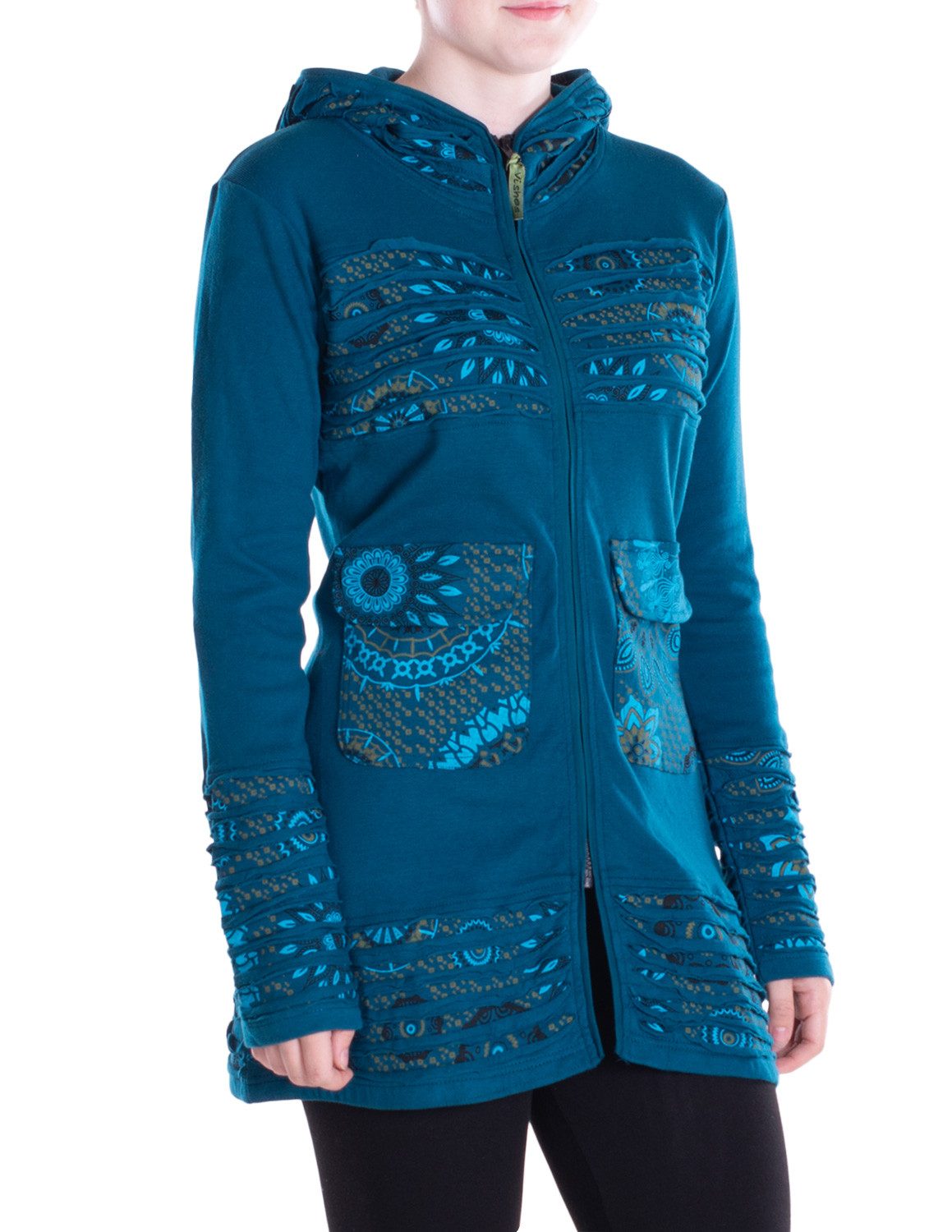 Kapuzensweatjacke Damen Hippie Kapuzenjacke mit Cutwork, Patchwork Mustern