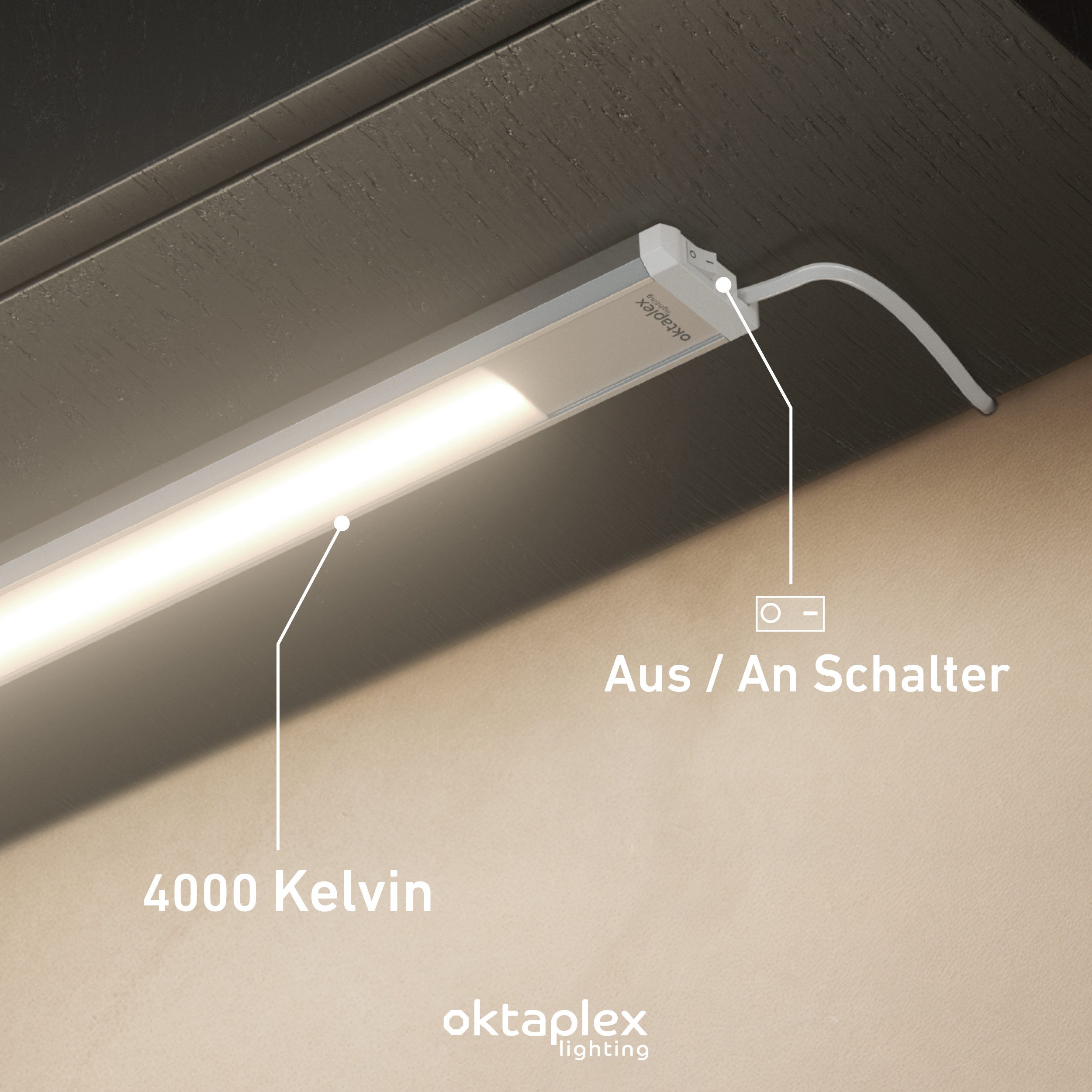 Oktaplex lighting LED Unterbauleuchte Aluminium Unterschrankleuchte Küche 40cm 475lm 6W, LED, warmweiß, 4000K Unterschranklampe Alu Küche mit Schalter