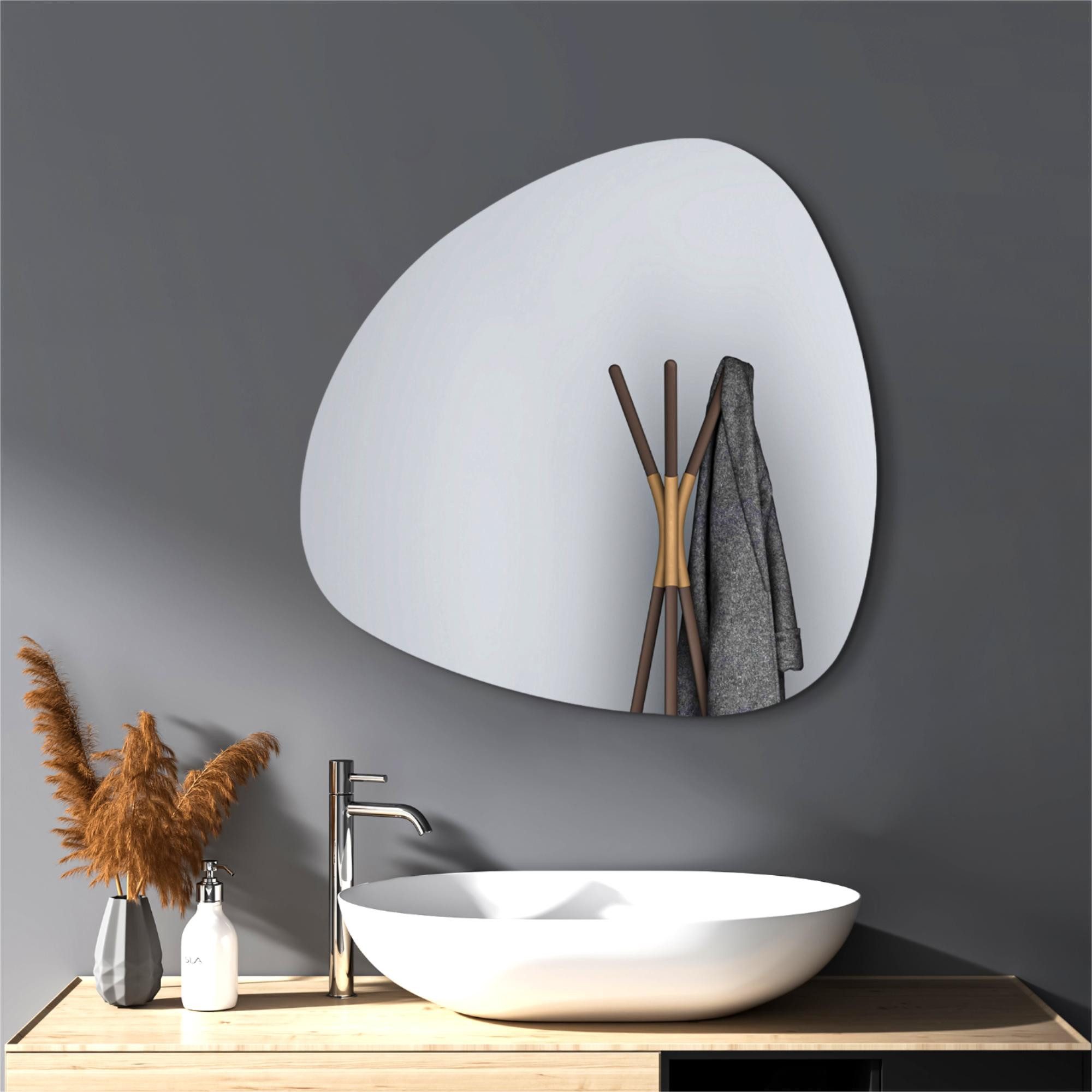 WDWRITTI Badspiegel Asymmetrisch 60x60 80x80cm Badezimmerspiegel ohne Beleuchtung Modern (Wandspiegel Rahmenlos, Stein), HD, explosionsgeschützt, umweltfreundlich