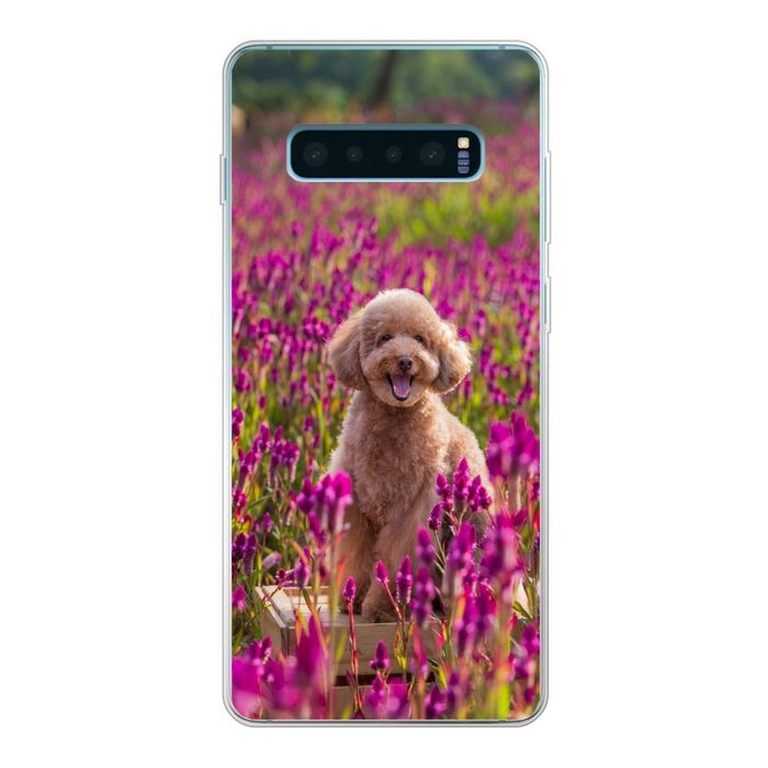 MuchoWow Handyhülle Hund - Blumen - Lavendel - Frühling Phone Case Handyhülle Samsung Galaxy S10+ Silikon Schutzhülle